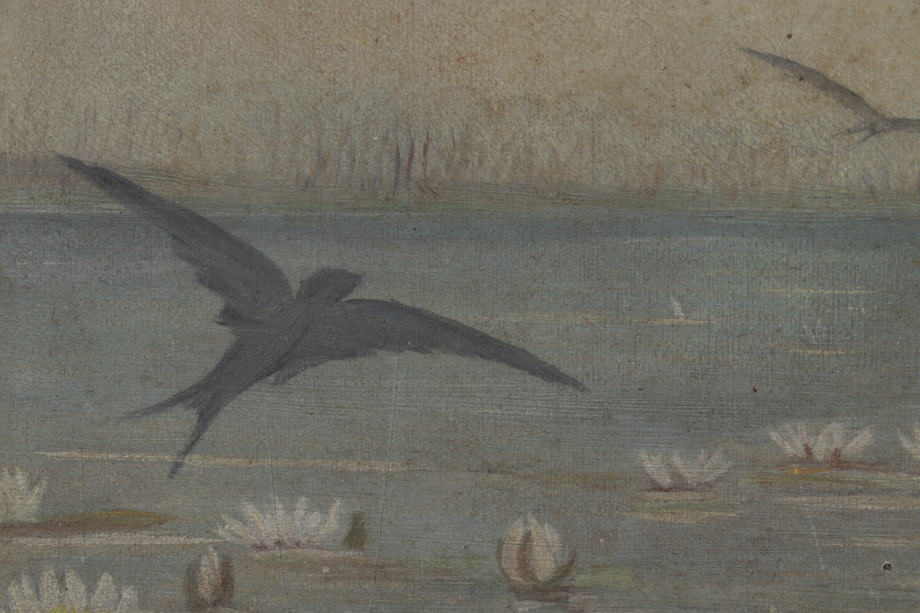 Oil Painting of Birds Gliding Over Water, Late 19th Century