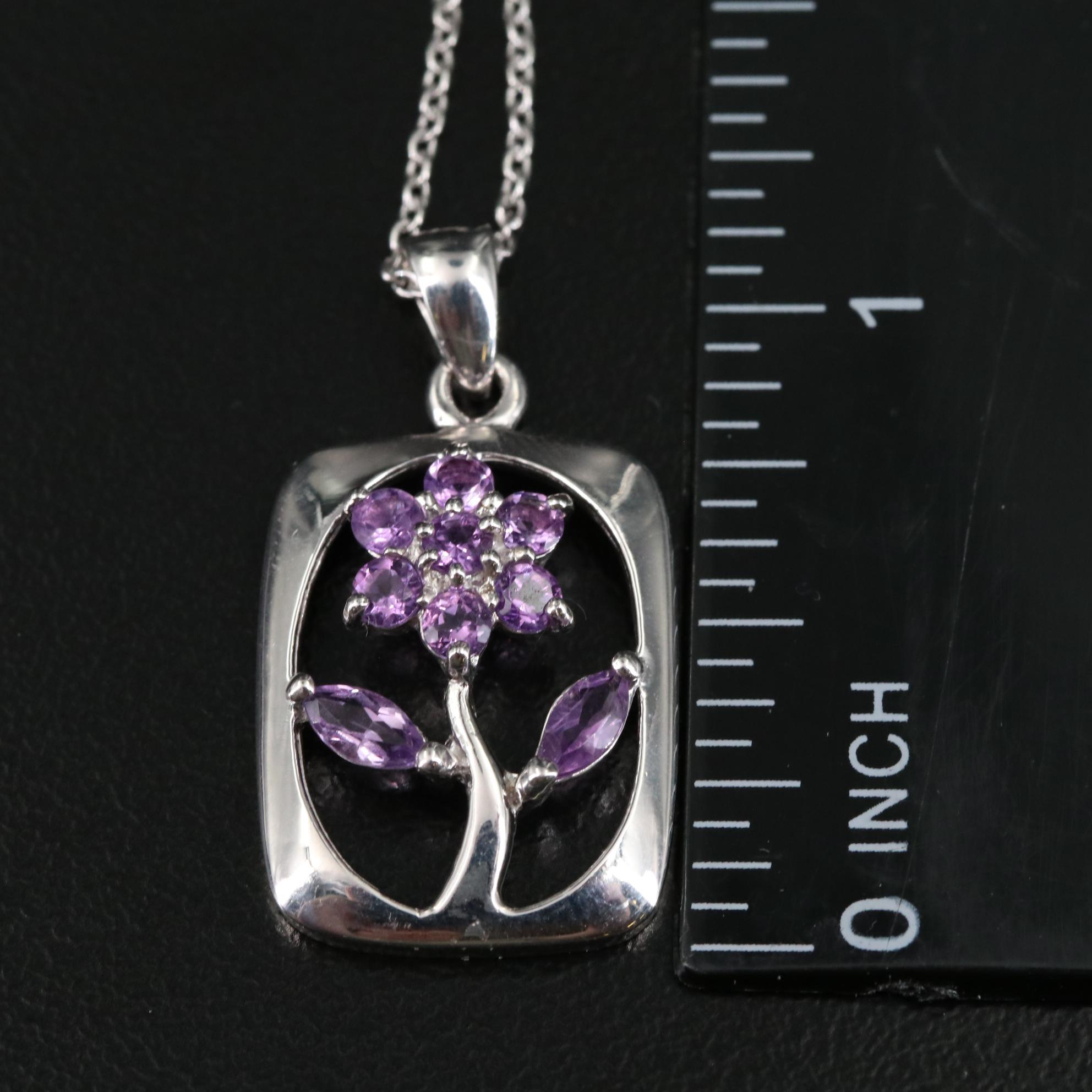 Sterling Amethyst Flower Pendant Necklace