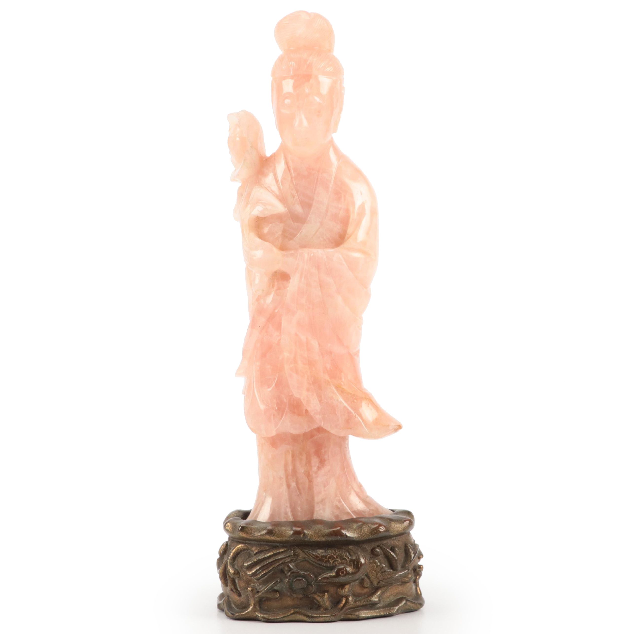 Chinese Carved Rose Quartz Guanyin Statue on Metal Base