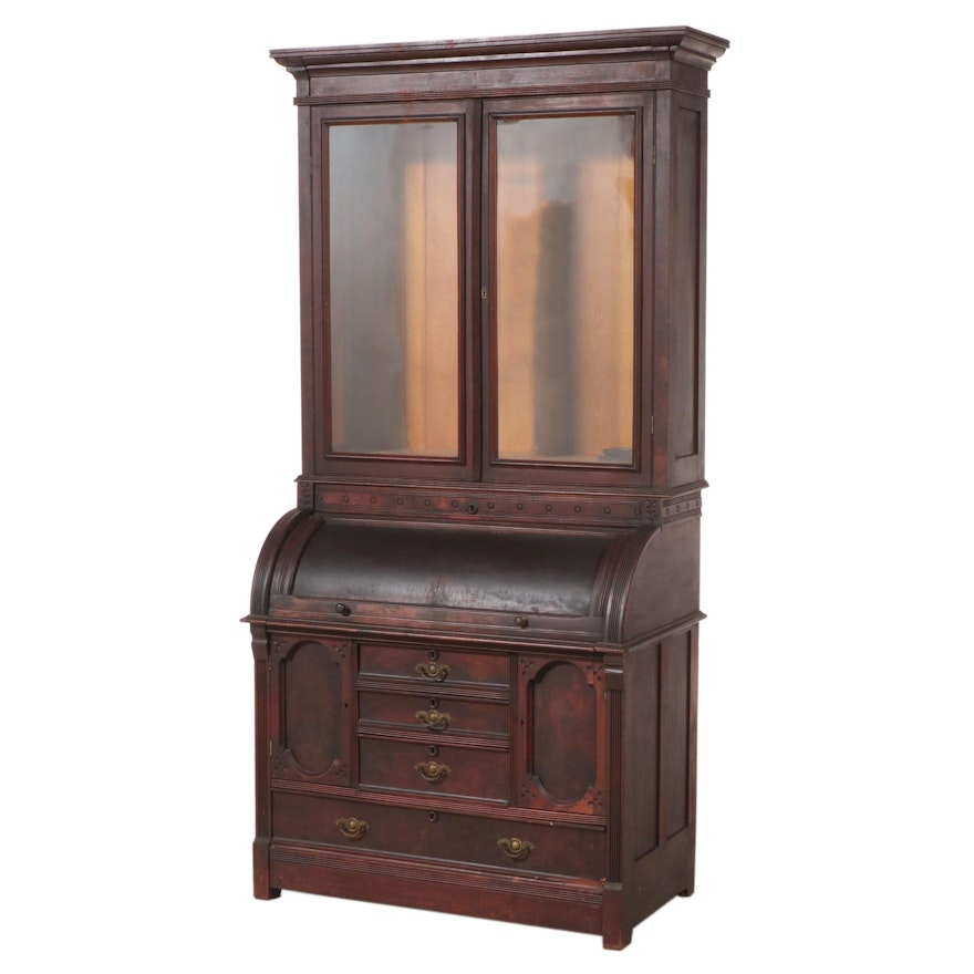 Victorian Walnut Cylinder Desk Bookcase, Mid to Late 19th Century