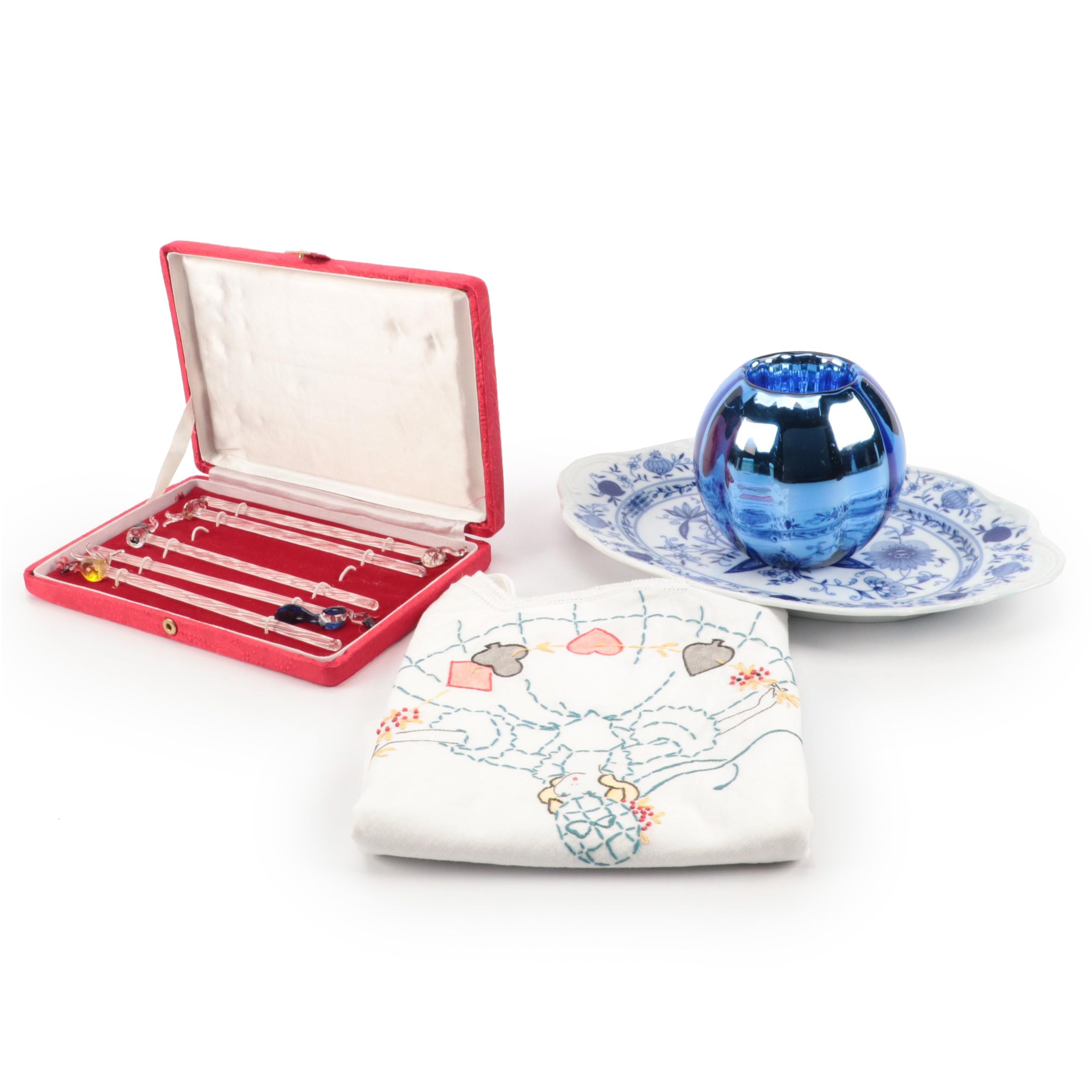 Mitterteich Blue Onion Style Platter with Cocktail Stirrers and Other Tableware