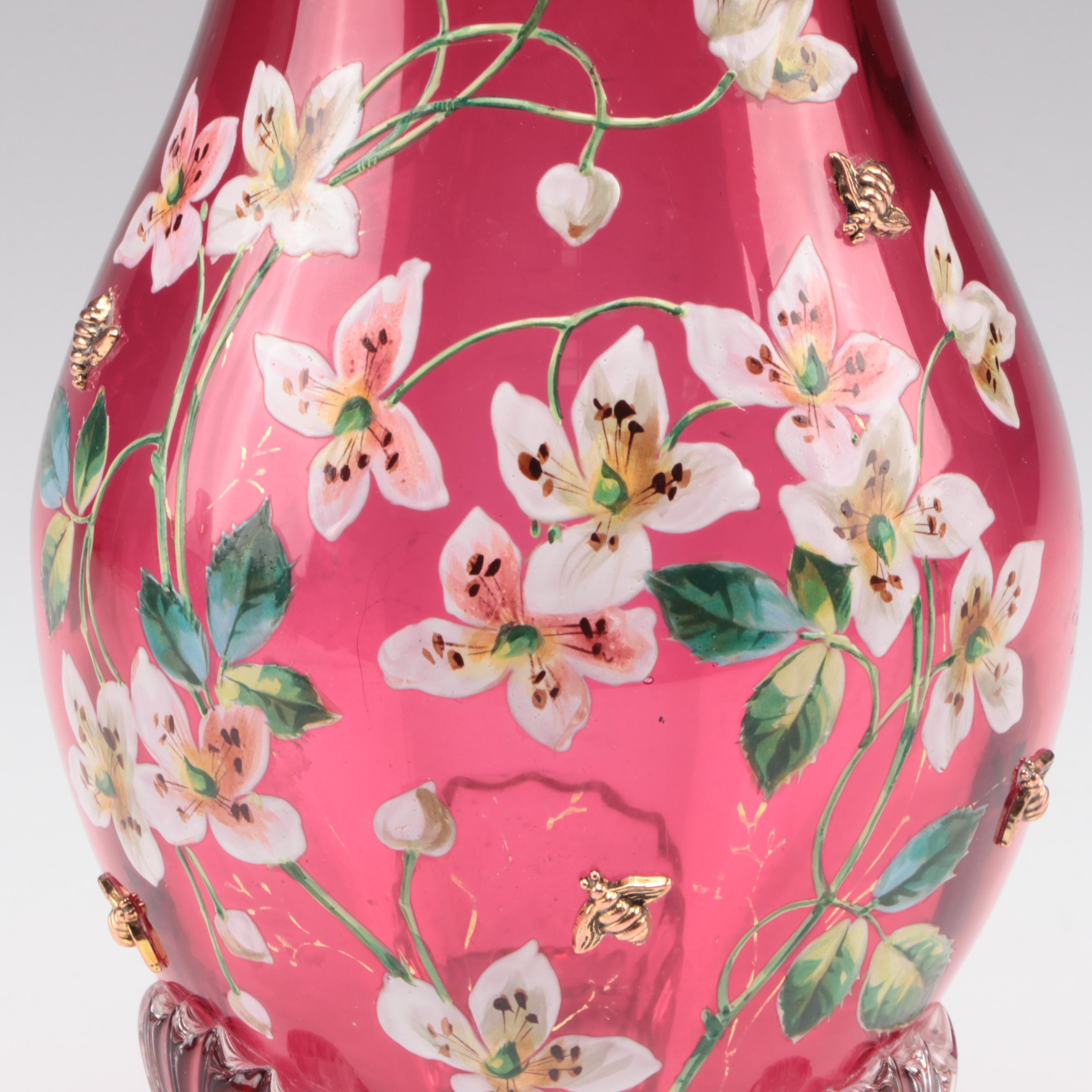 Moser Hand-Painted Cranberry Glass Scrolled Foot Vase, Late 19th/ Early 20th C.