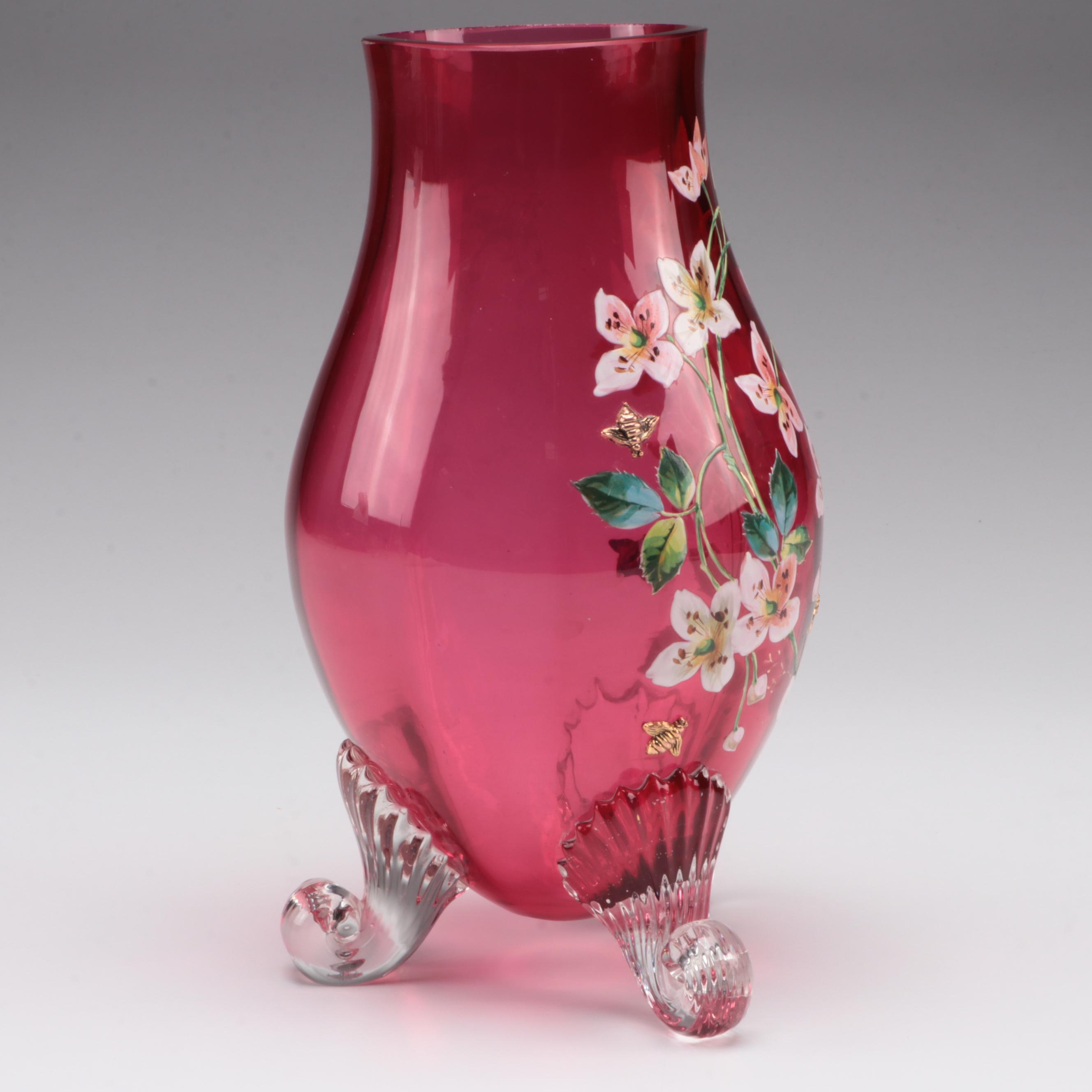Moser Hand-Painted Cranberry Glass Scrolled Foot Vase, Late 19th/ Early 20th C.