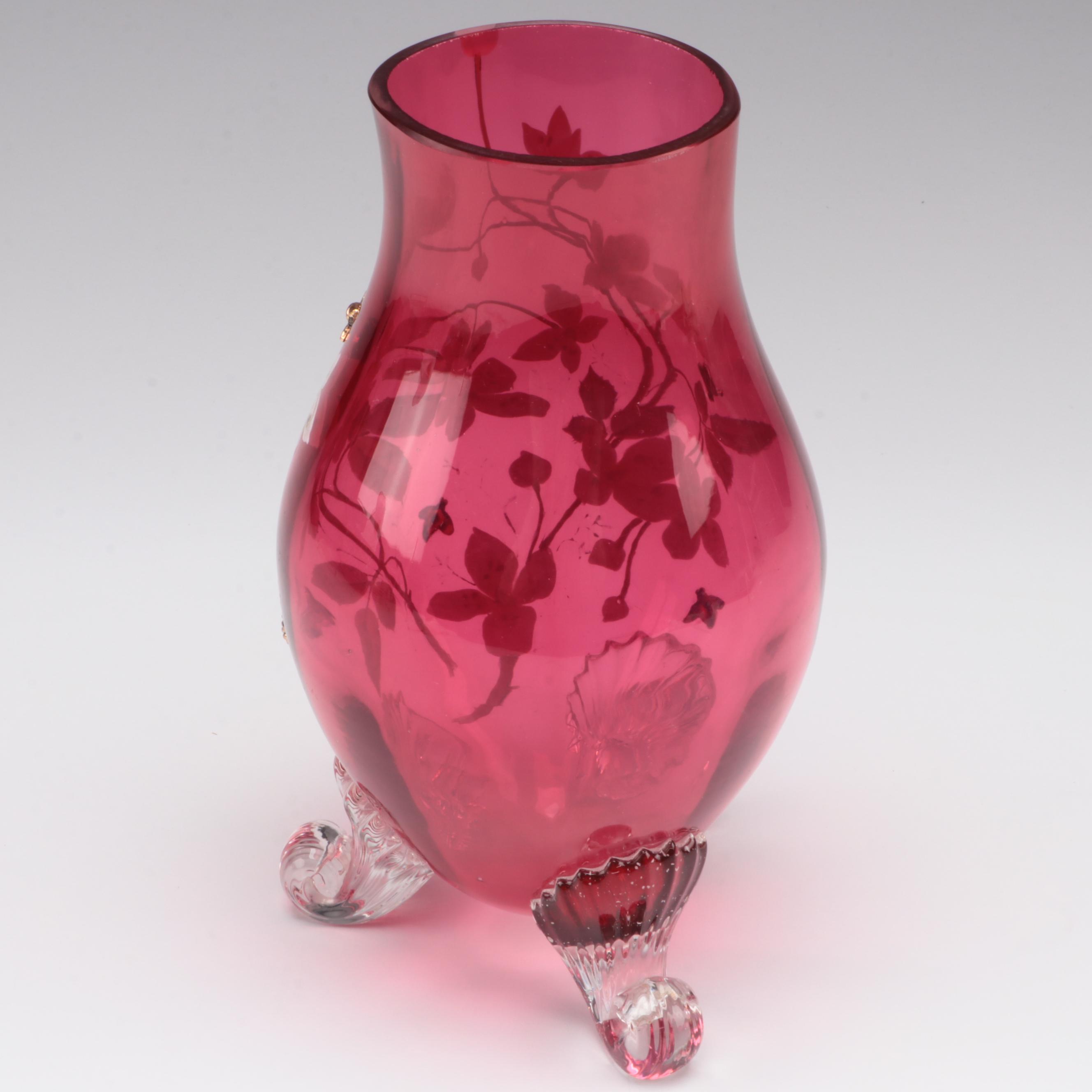 Moser Hand-Painted Cranberry Glass Scrolled Foot Vase, Late 19th/ Early 20th C.