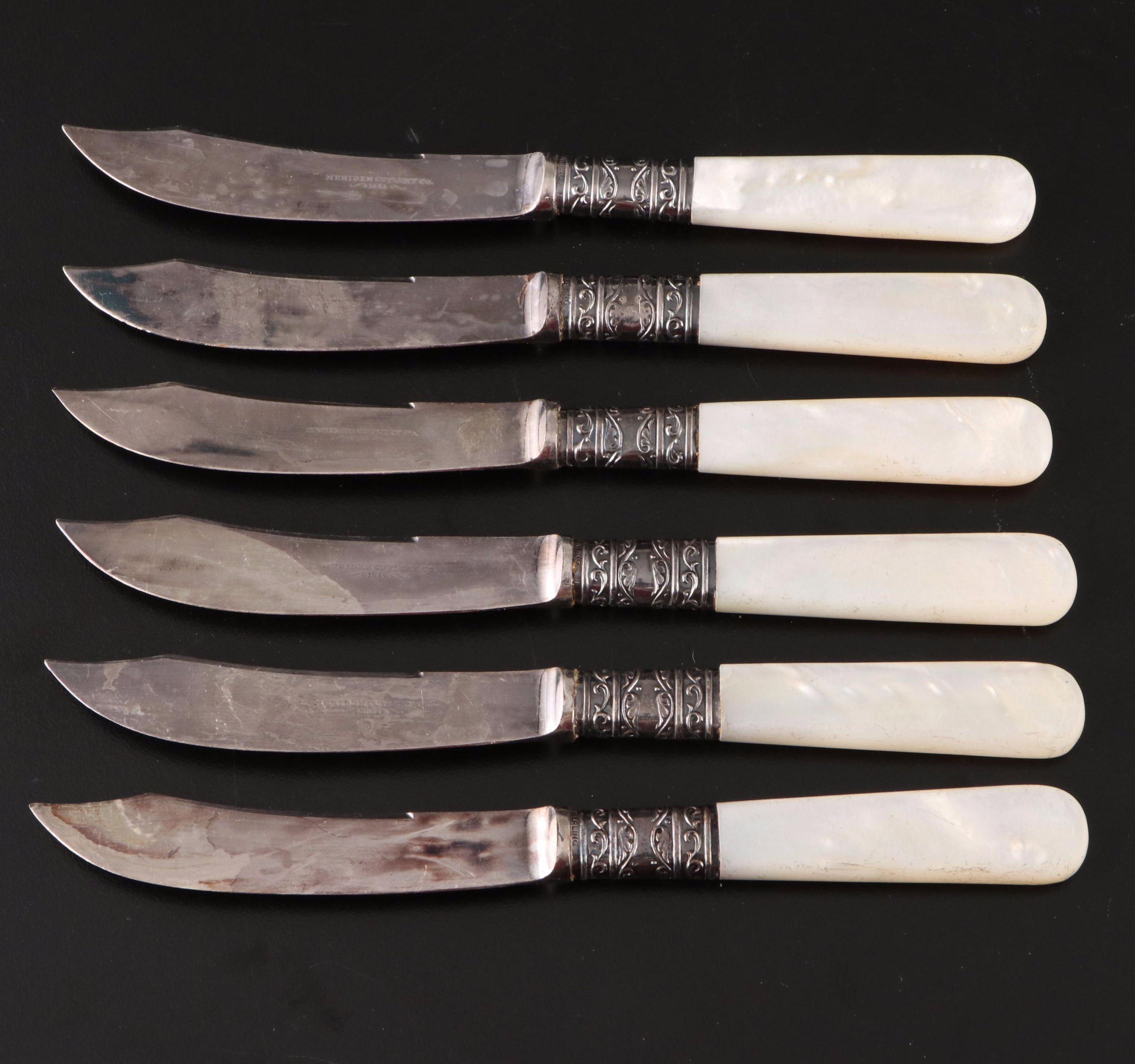William Adams and Other Silver Plate Fruit Spoons with MOP Handled Knives