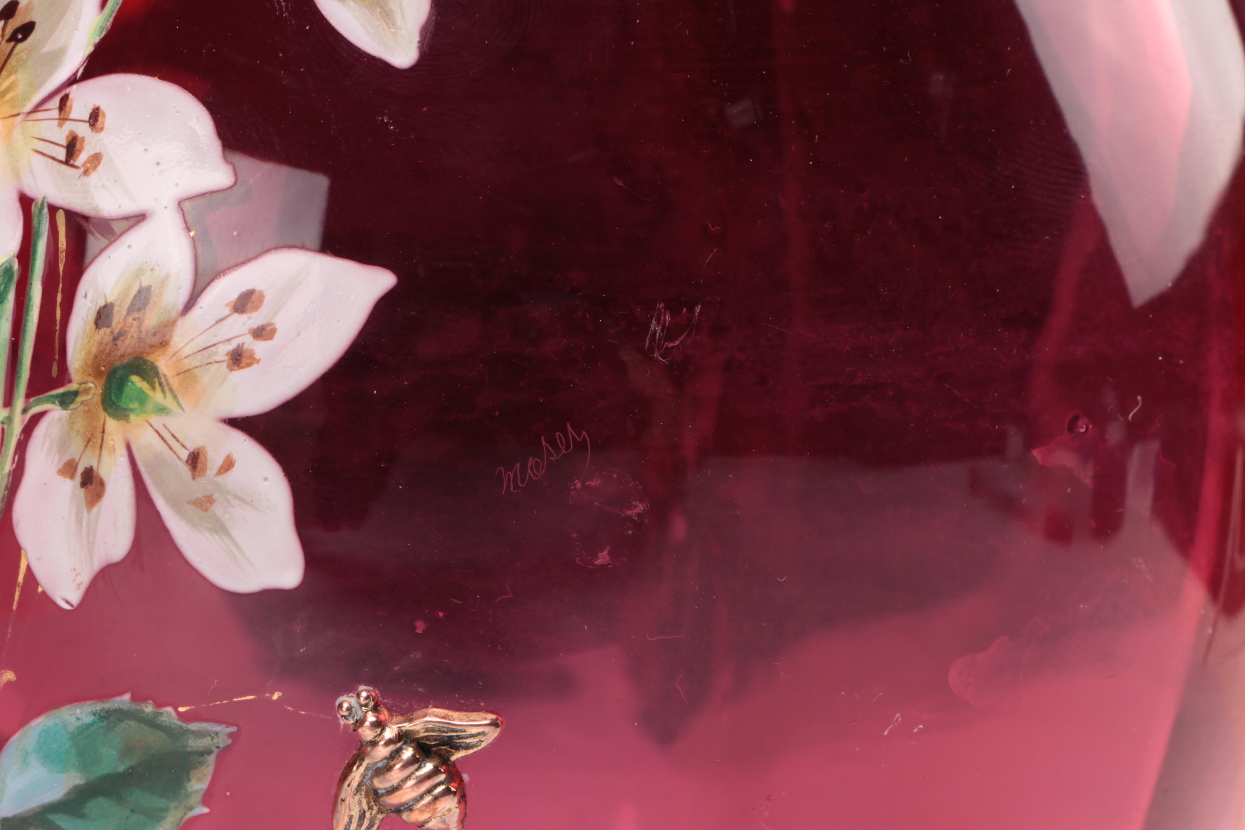 Moser Hand-Painted Cranberry Glass Scrolled Foot Vase, Late 19th/ Early 20th C.