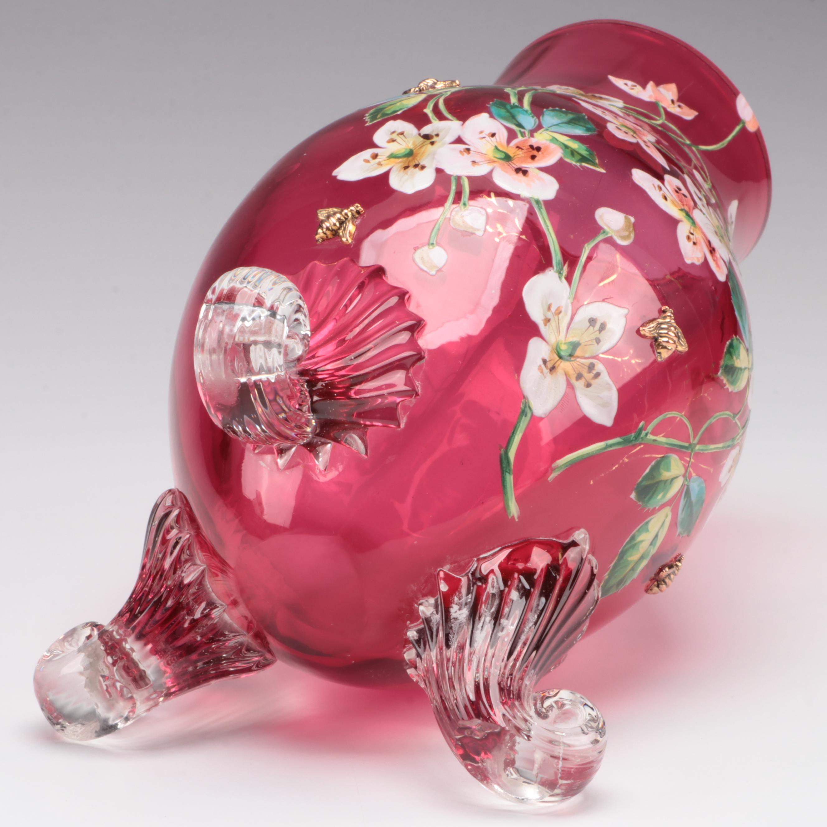 Moser Hand-Painted Cranberry Glass Scrolled Foot Vase, Late 19th/ Early 20th C.