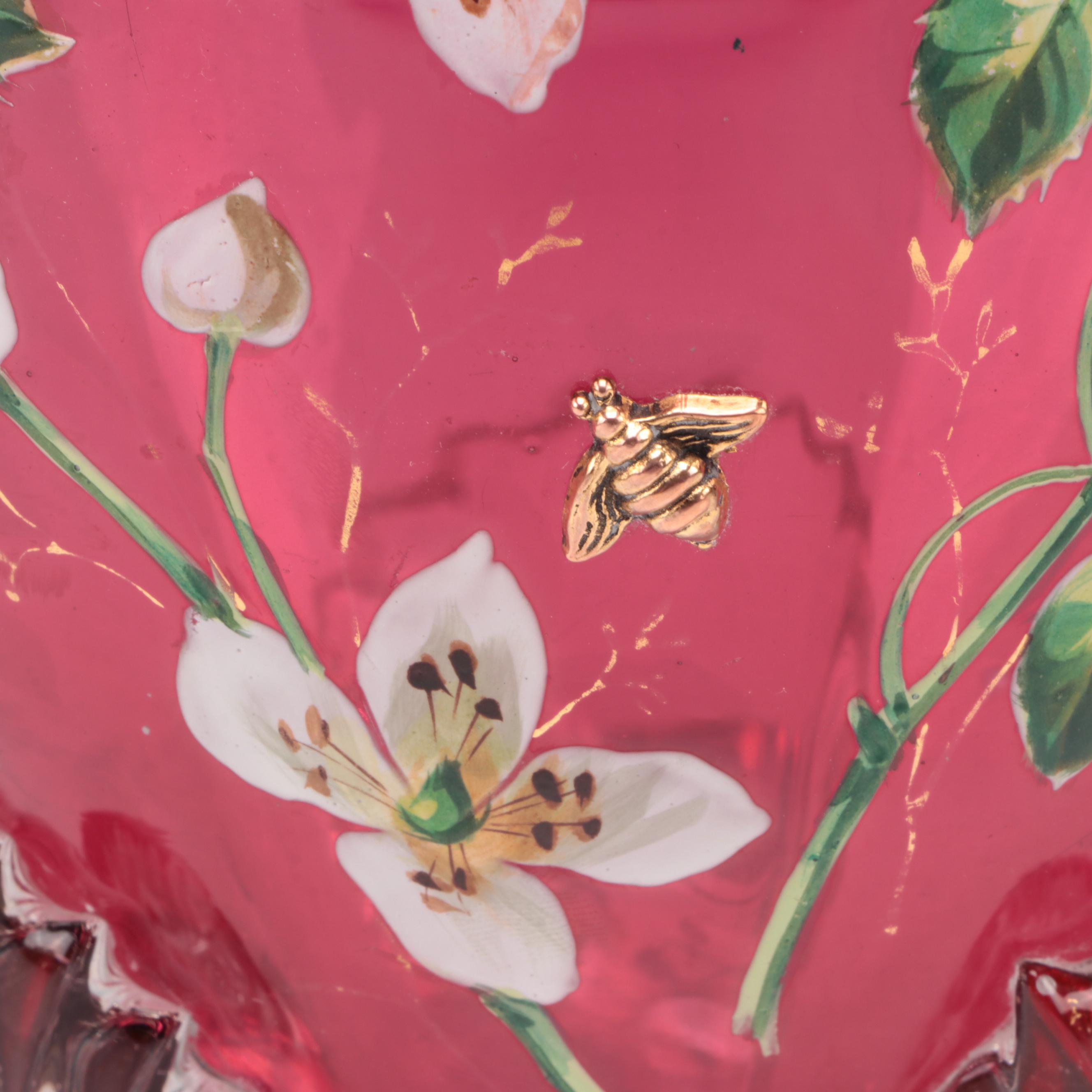 Moser Hand-Painted Cranberry Glass Scrolled Foot Vase, Late 19th/ Early 20th C.