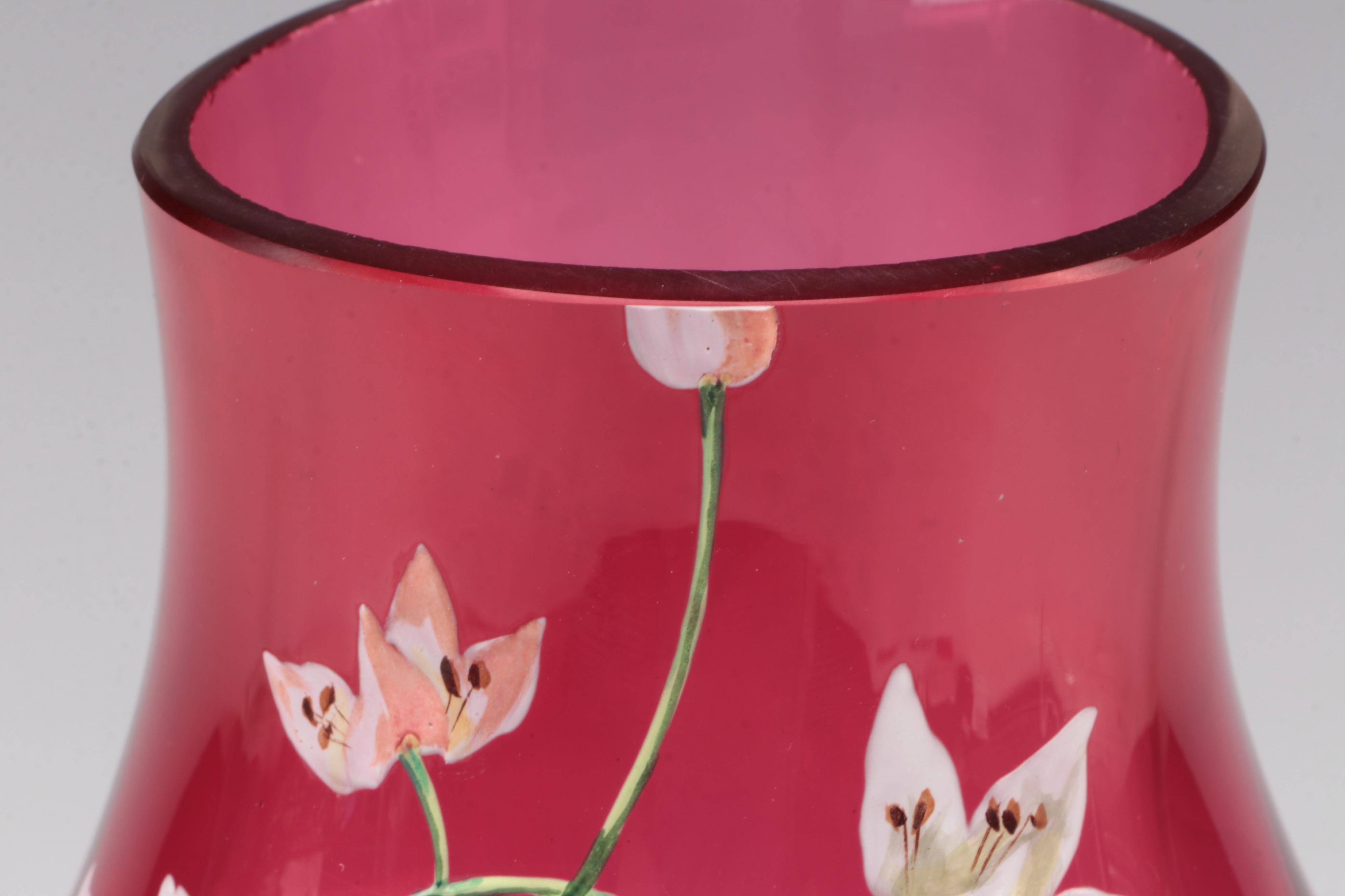 Moser Hand-Painted Cranberry Glass Scrolled Foot Vase, Late 19th/ Early 20th C.