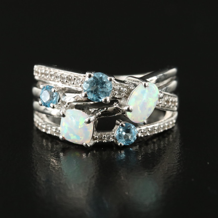 Sterling Opal, Topaz and Sapphire Crossover Ring