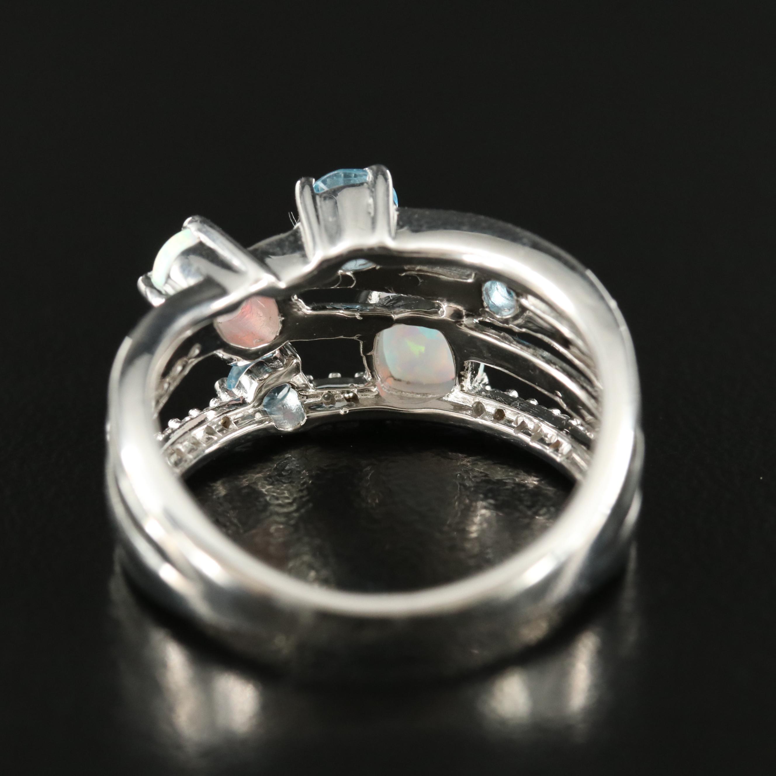 Sterling Opal, Topaz and Sapphire Crossover Ring