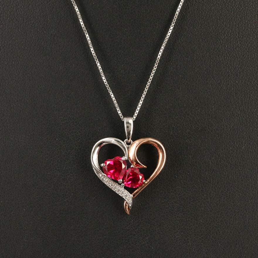 Sterling Ruby and Sapphire Heart Pendant Necklace