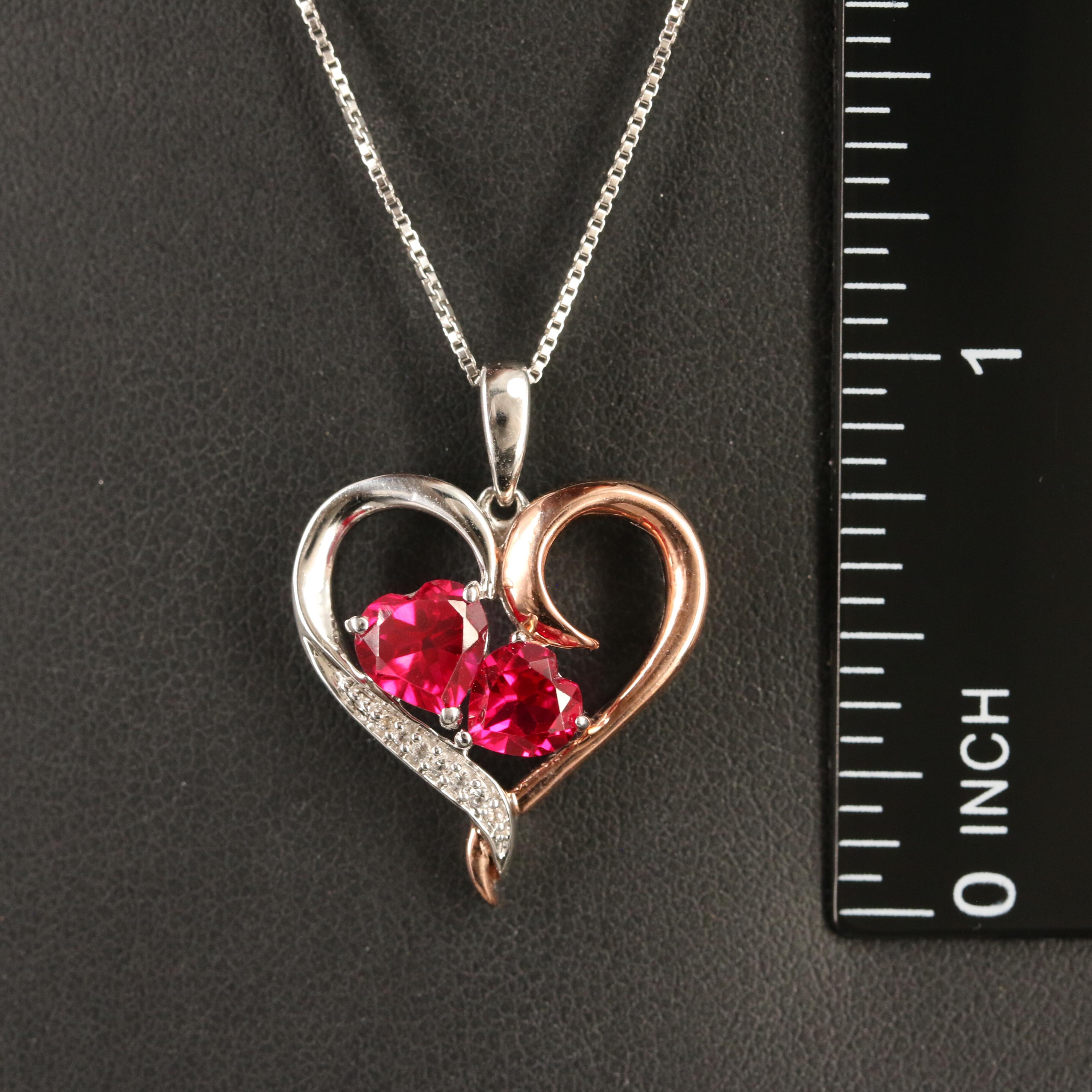 Sterling Ruby and Sapphire Heart Pendant Necklace