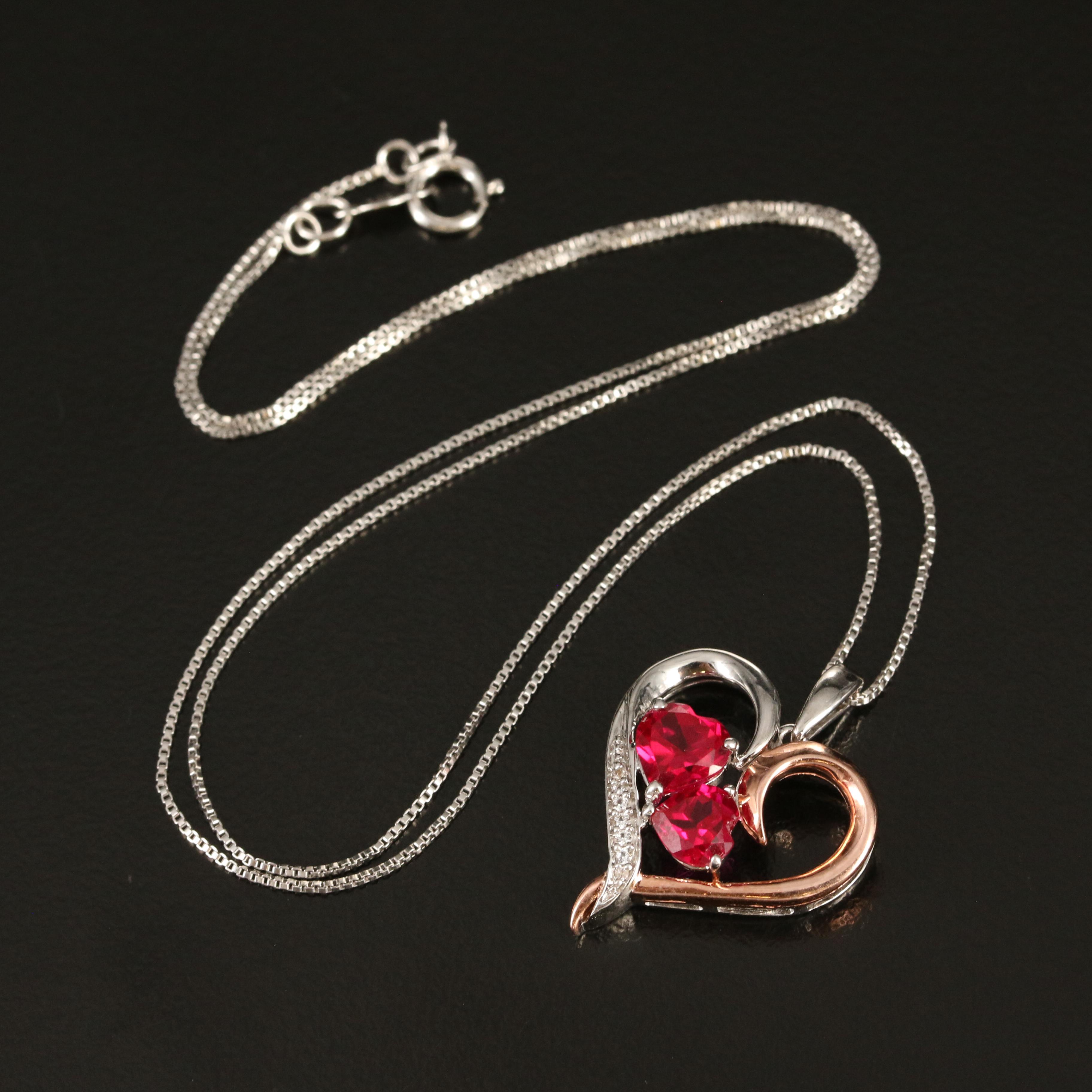 Sterling Ruby and Sapphire Heart Pendant Necklace
