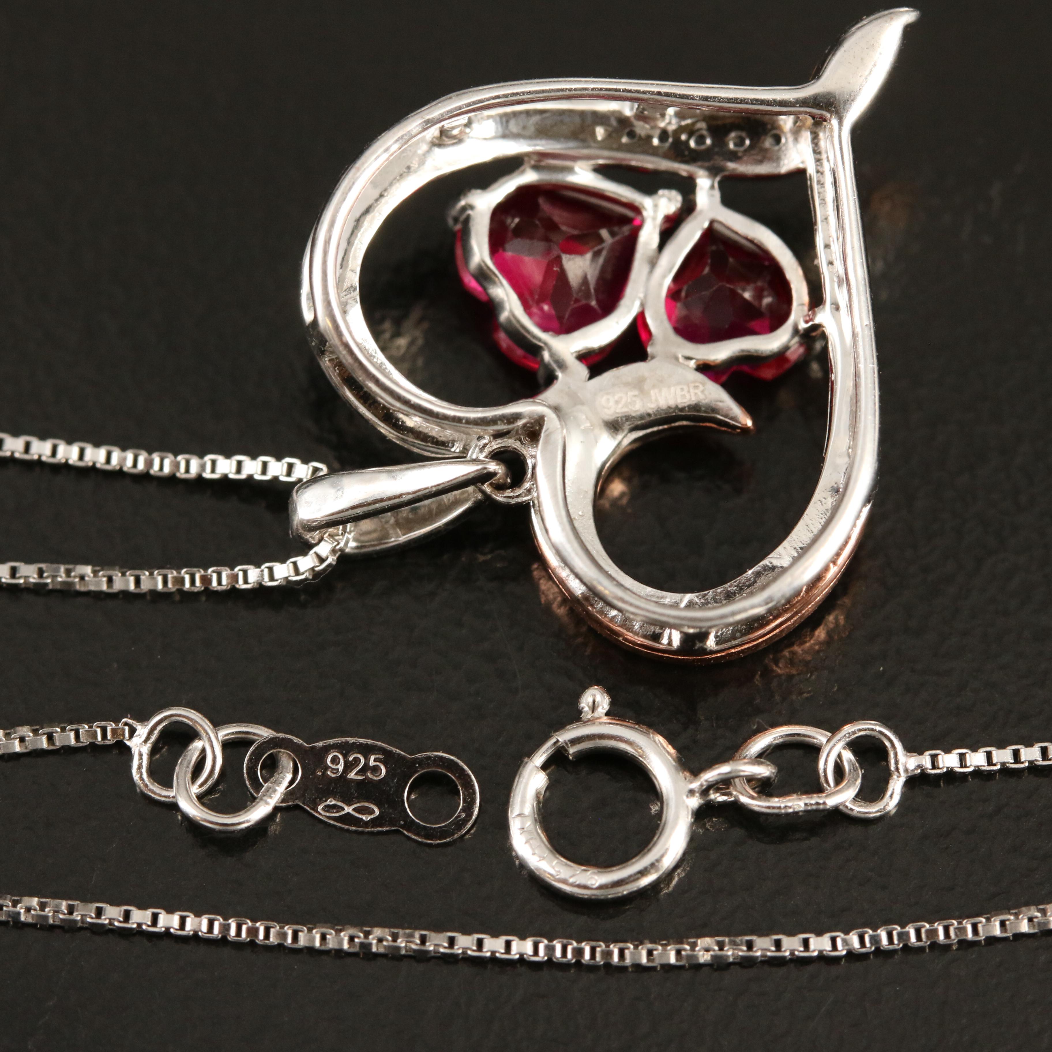 Sterling Ruby and Sapphire Heart Pendant Necklace