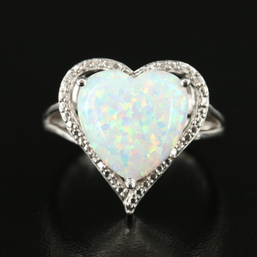 Sterling Opal and Cubic Zirconia Heart Ring