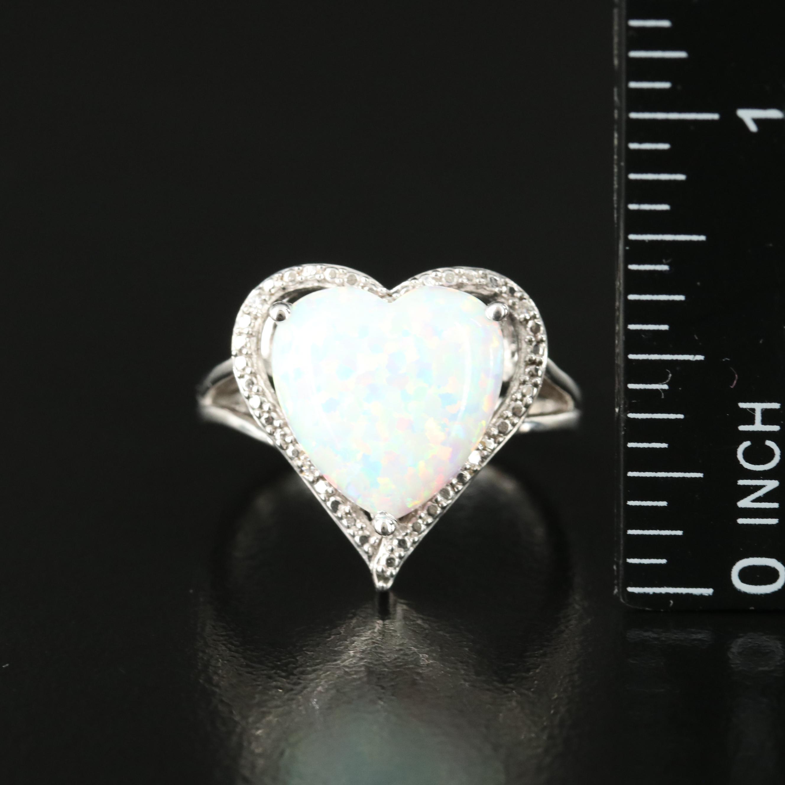Sterling Opal and Cubic Zirconia Heart Ring
