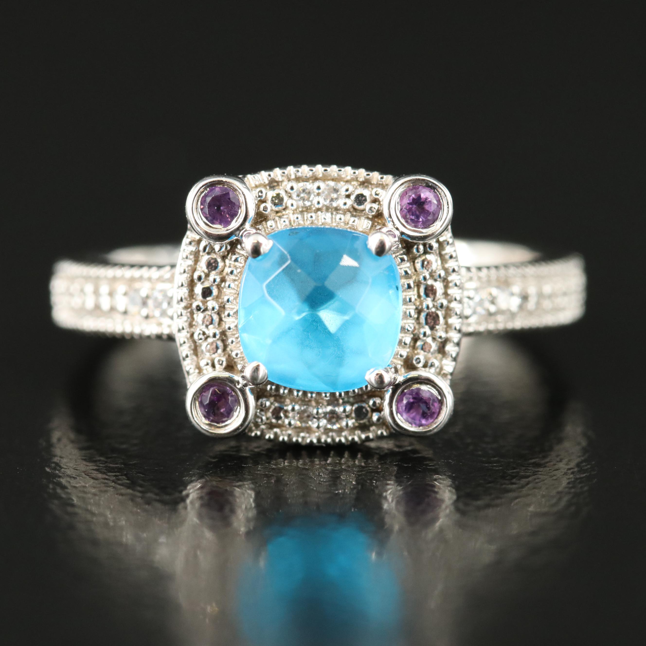 Sterling Glass, Amethyst and Cubic Zirconia Ring