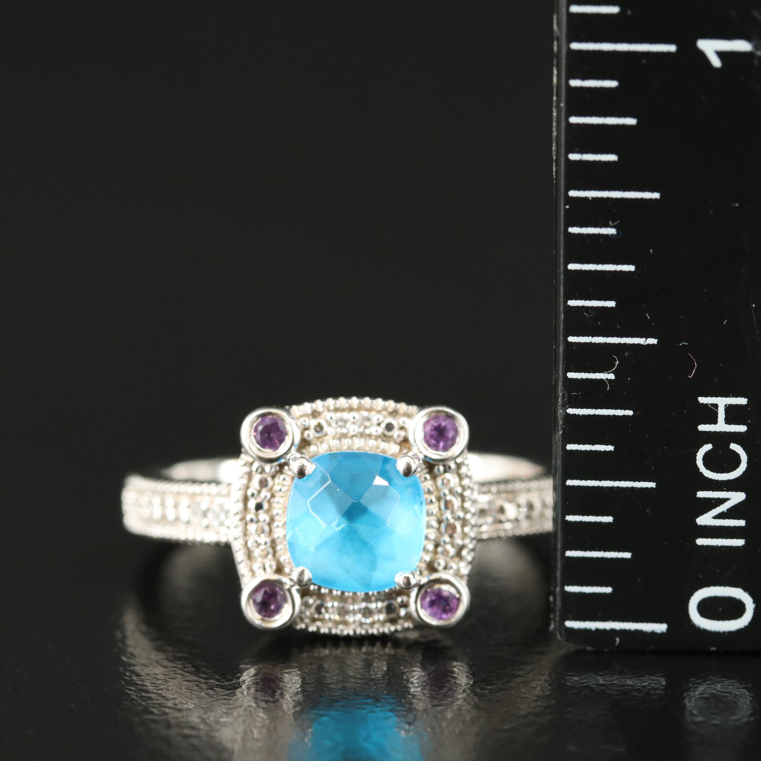 Sterling Glass, Amethyst and Cubic Zirconia Ring