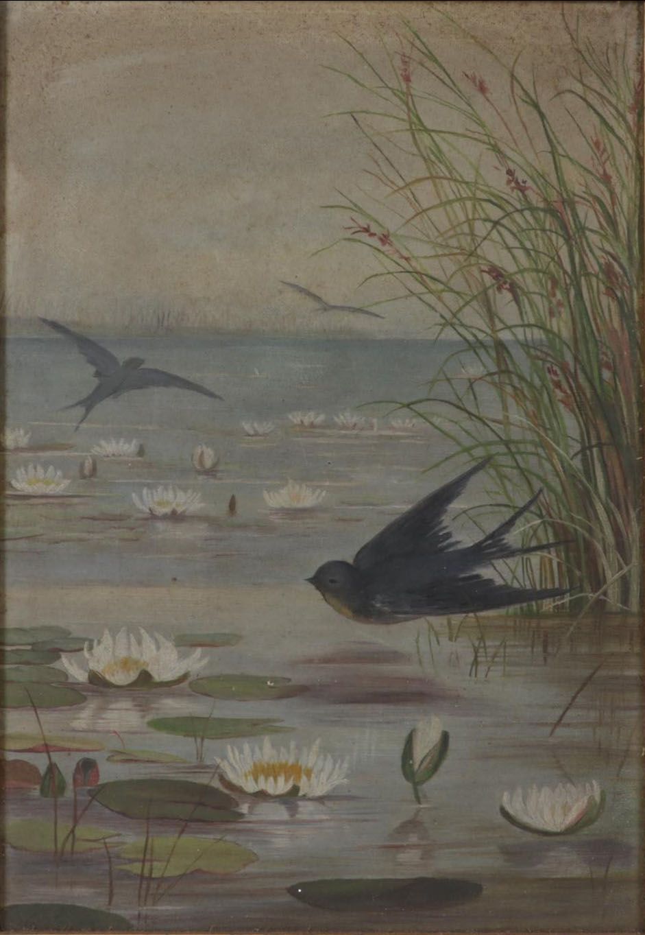 Oil Painting of Birds Gliding Over Water, Late 19th Century