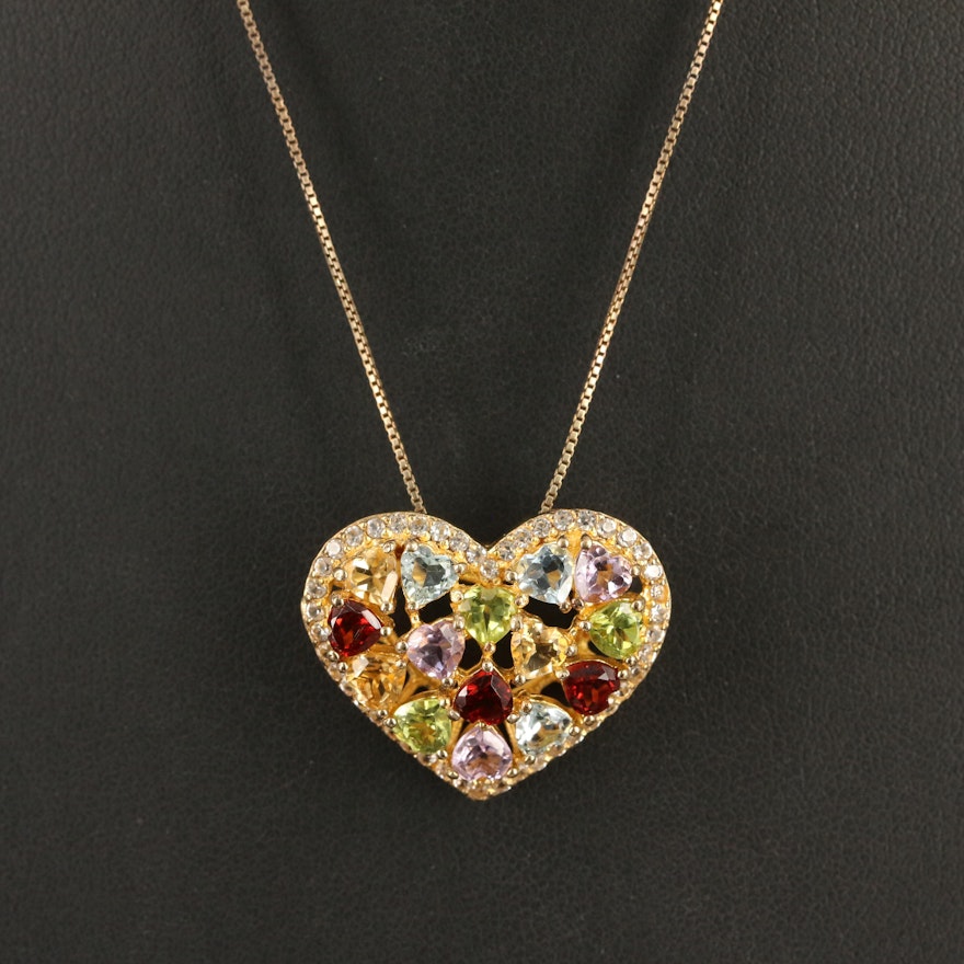 Sterling Garnet, Topaz, Peridot Heart Cluster Pendant Necklace