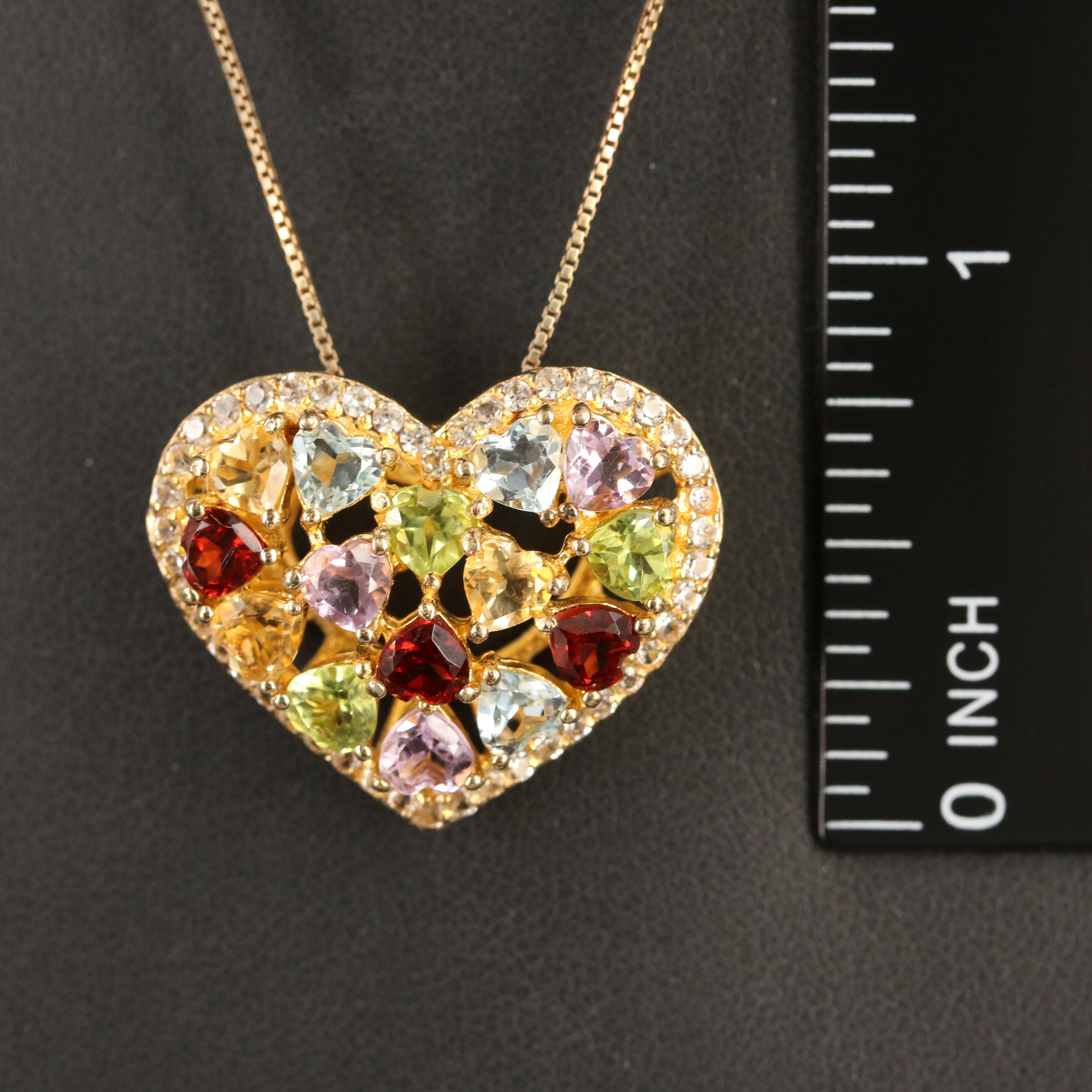 Sterling Garnet, Topaz, Peridot Heart Cluster Pendant Necklace