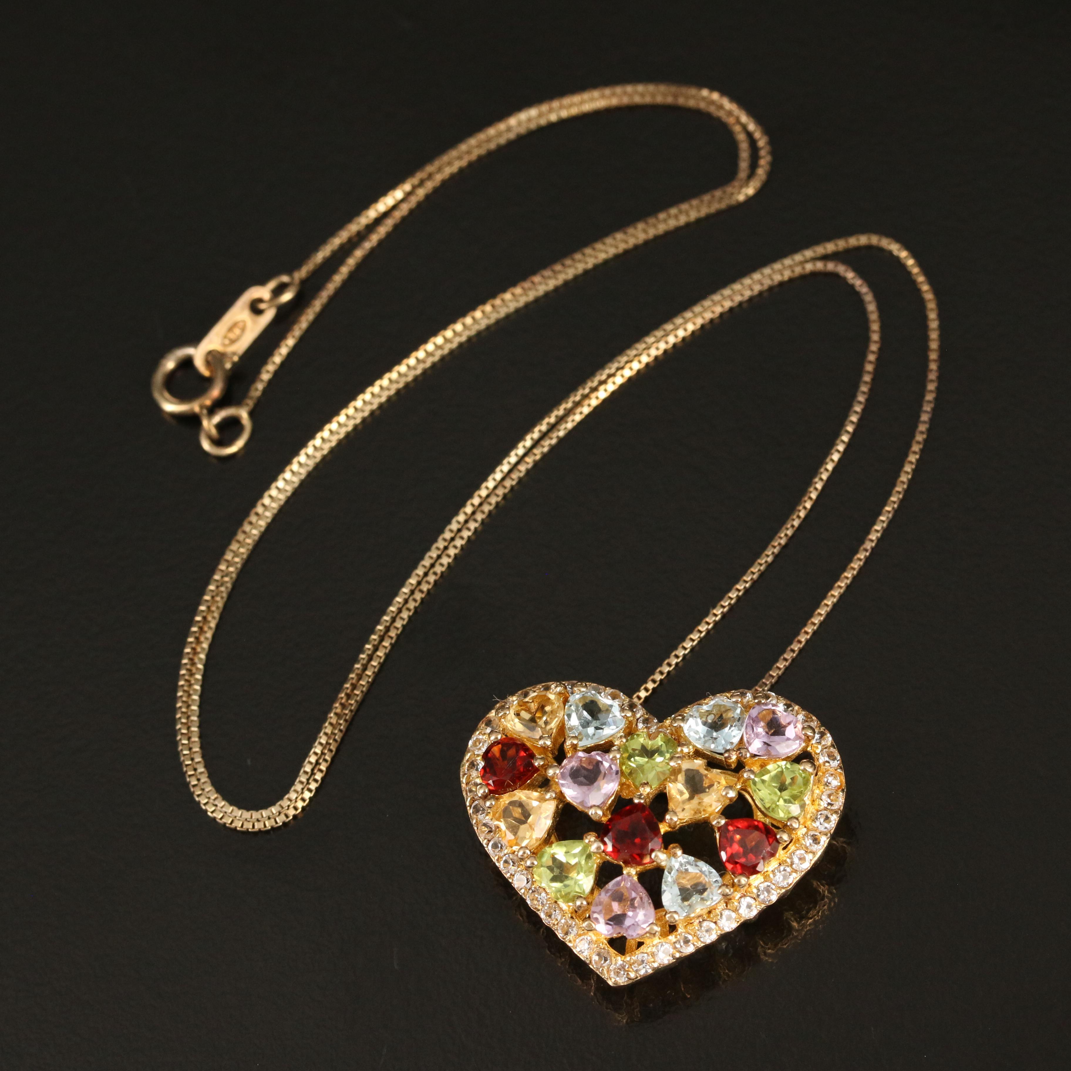 Sterling Garnet, Topaz, Peridot Heart Cluster Pendant Necklace