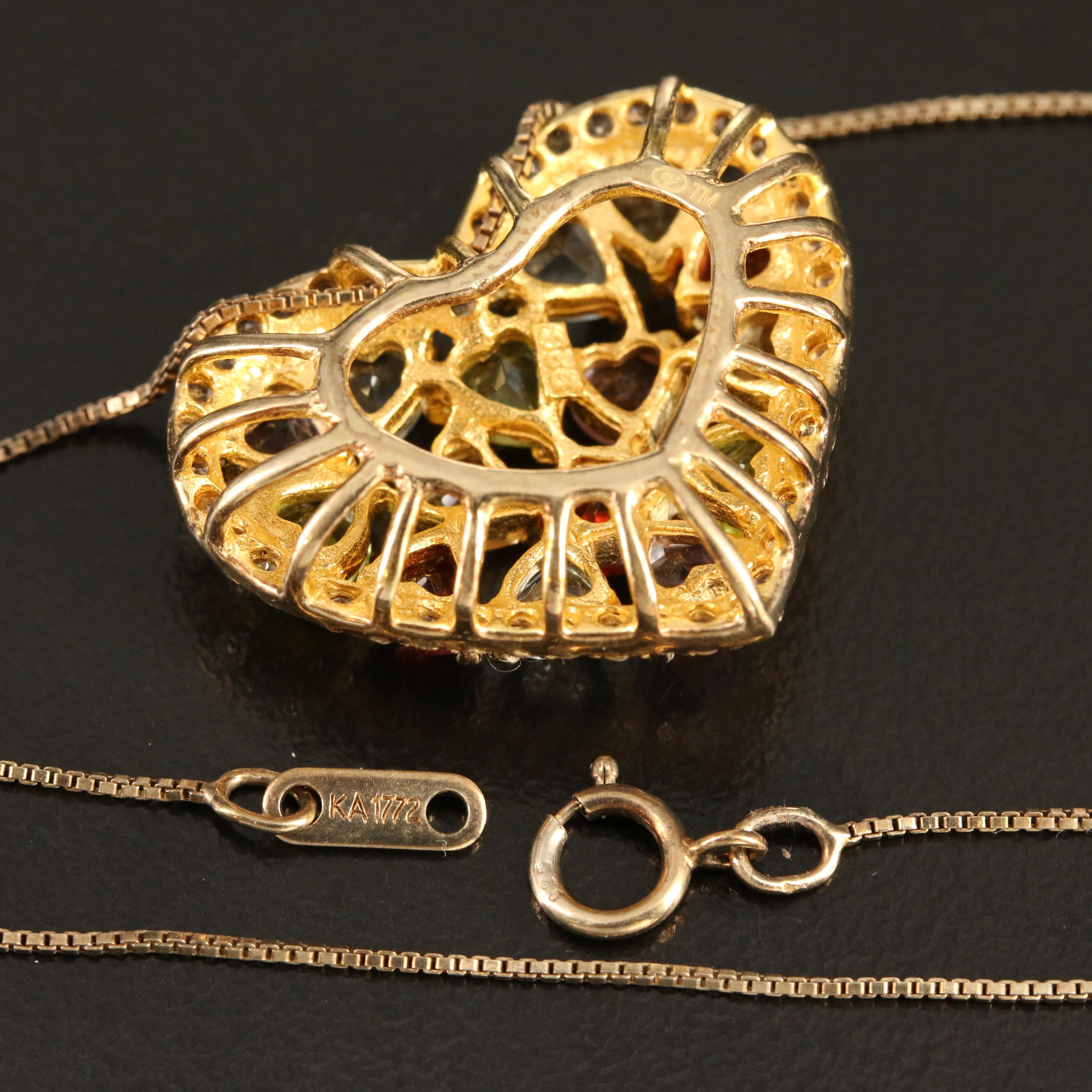 Sterling Garnet, Topaz, Peridot Heart Cluster Pendant Necklace