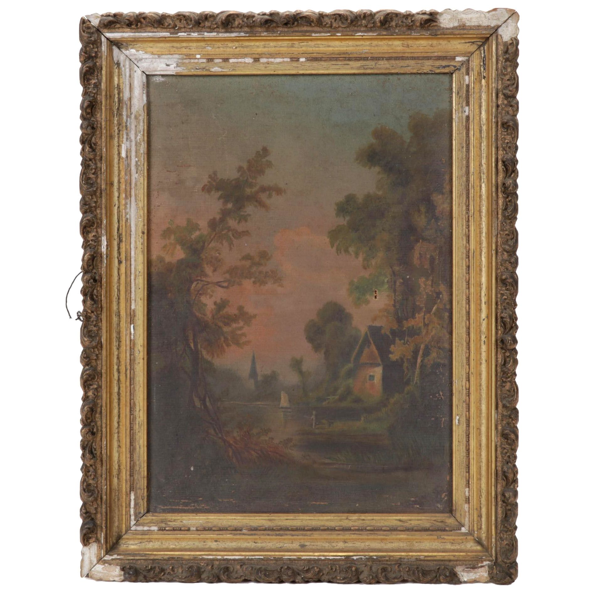 Lakeside Cottage and Church Steeple Oil Painting, 19th Century