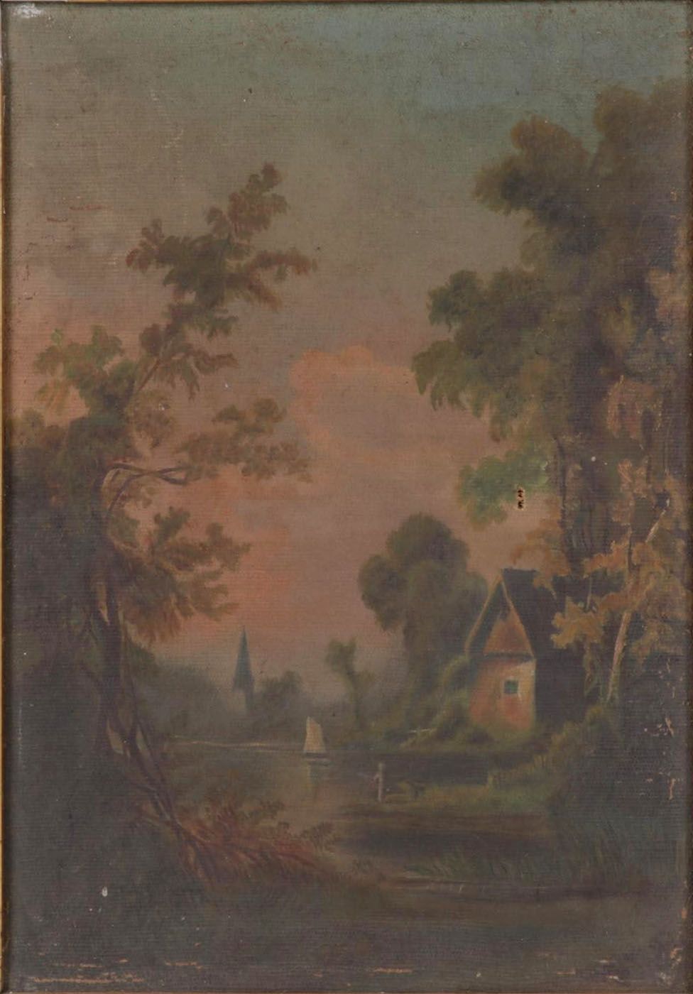 Lakeside Cottage and Church Steeple Oil Painting, 19th Century
