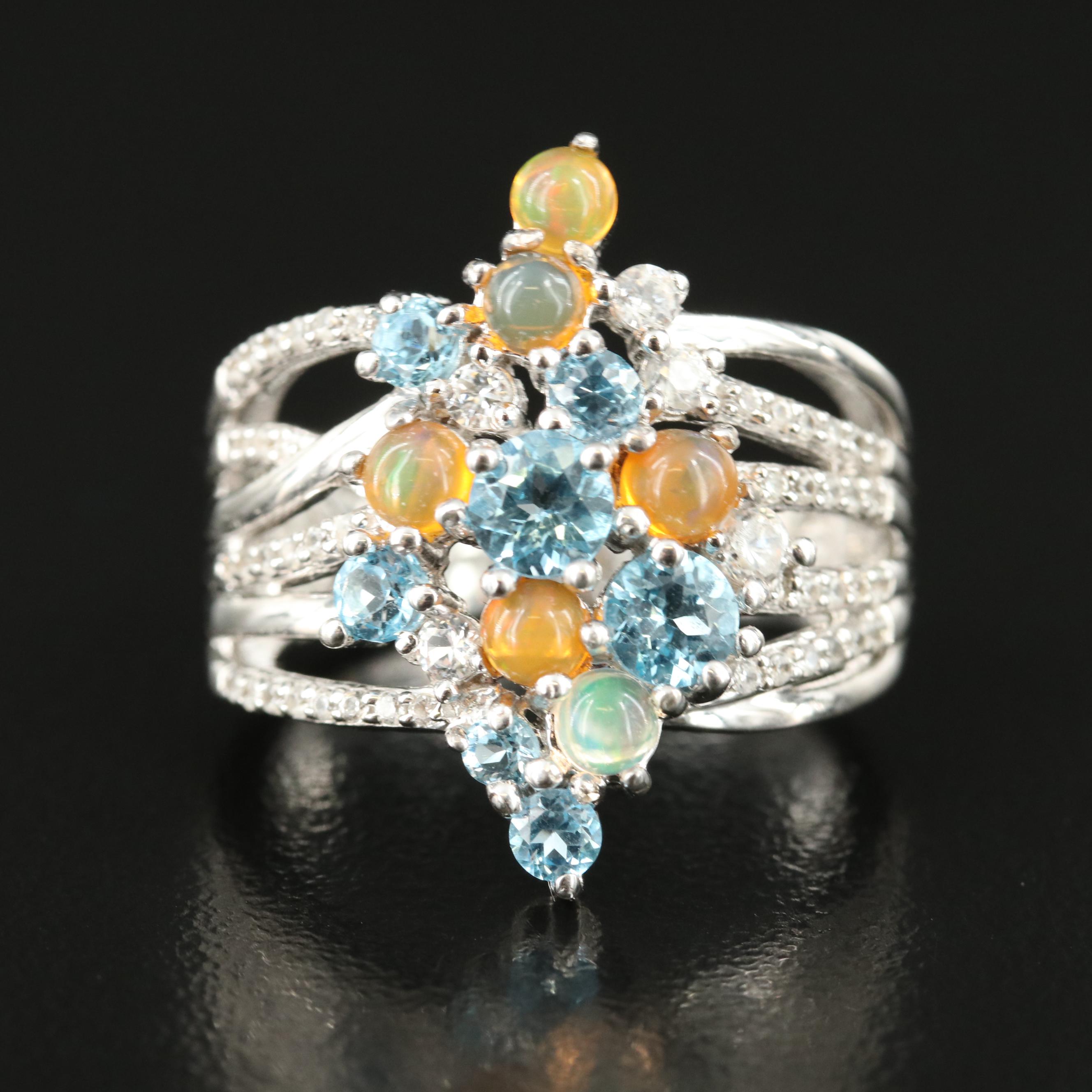 Sterling Swiss Blue Topaz, Zircon and Opal Ring