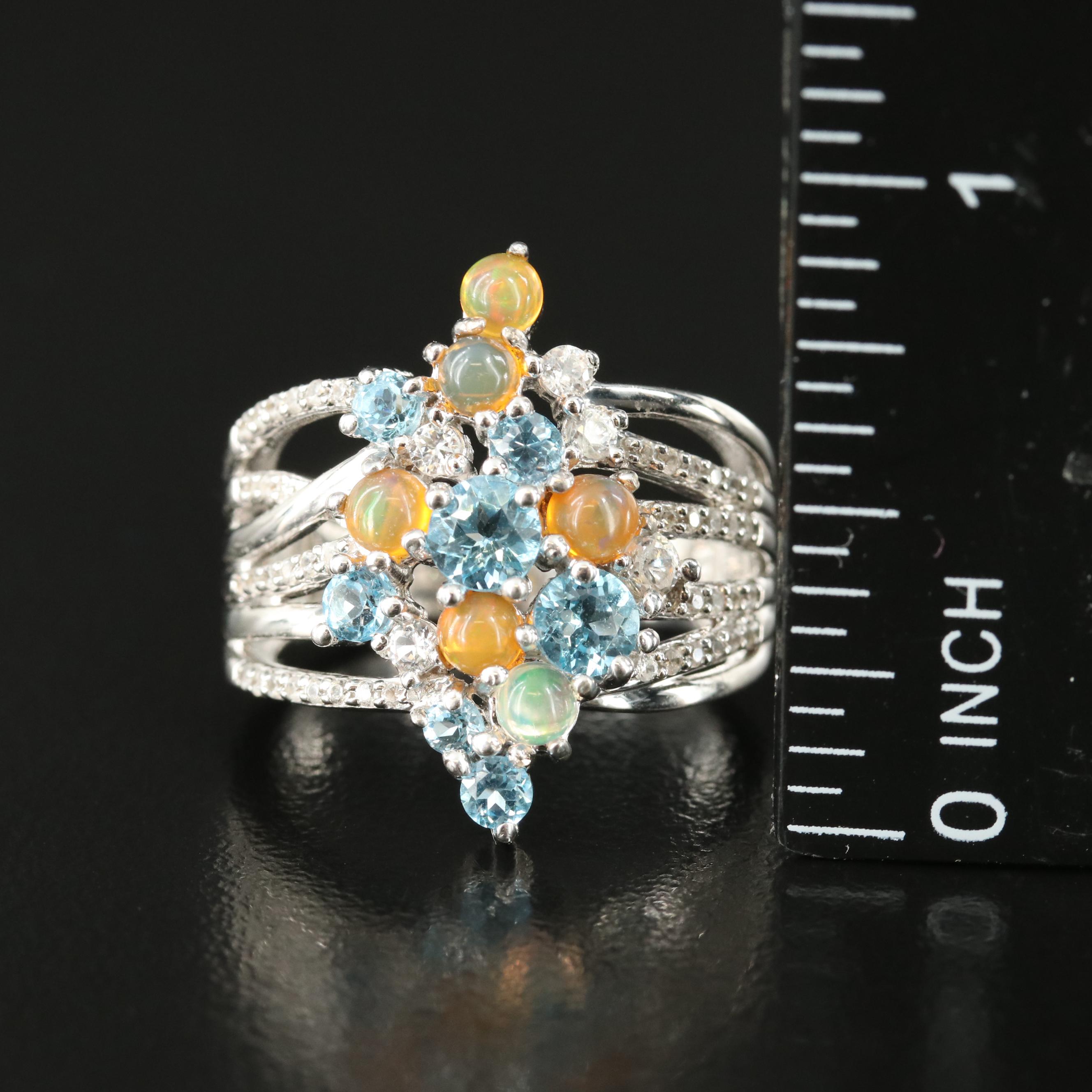 Sterling Swiss Blue Topaz, Zircon and Opal Ring
