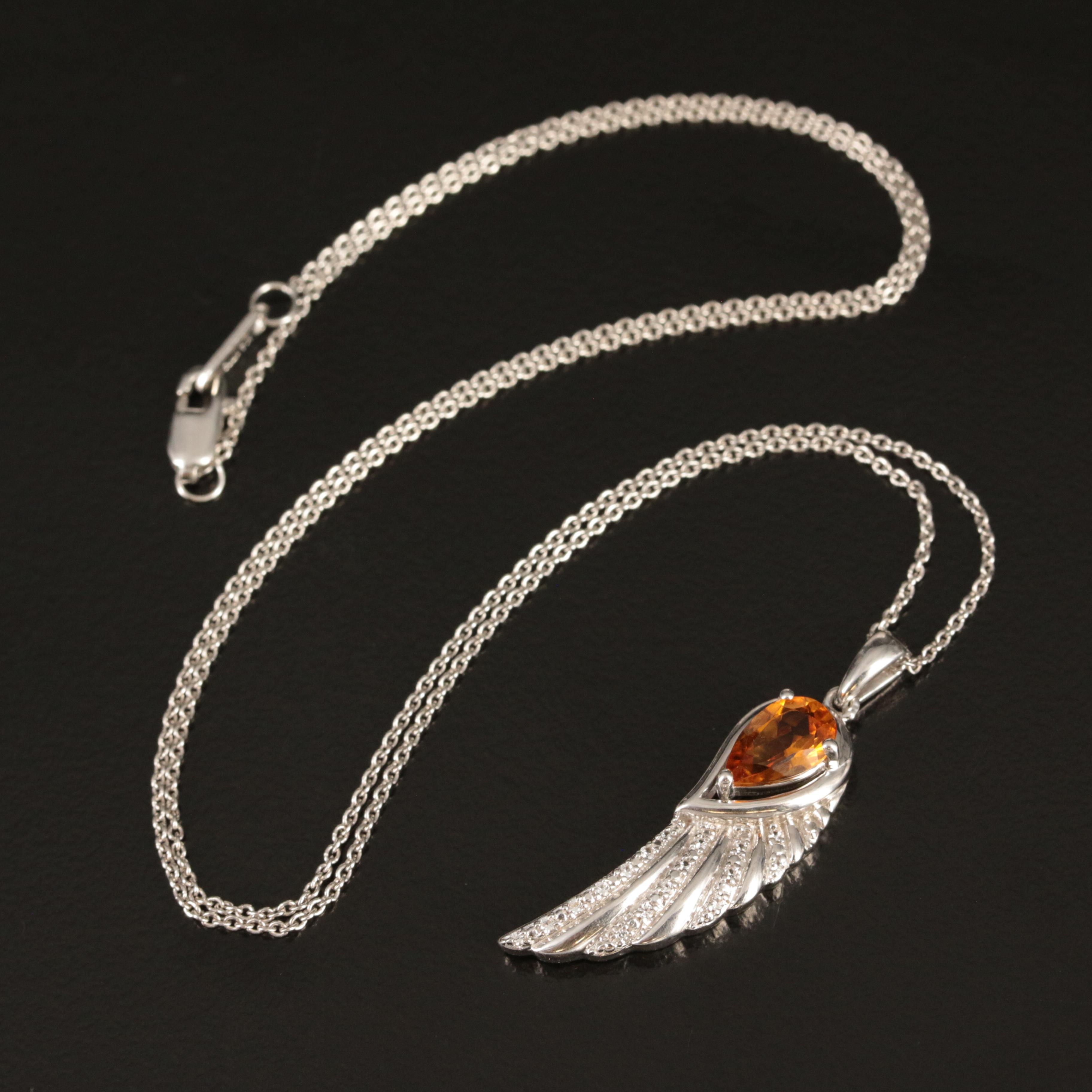 Sterling Citrine and Topaz Angel Wing Pendant Necklace