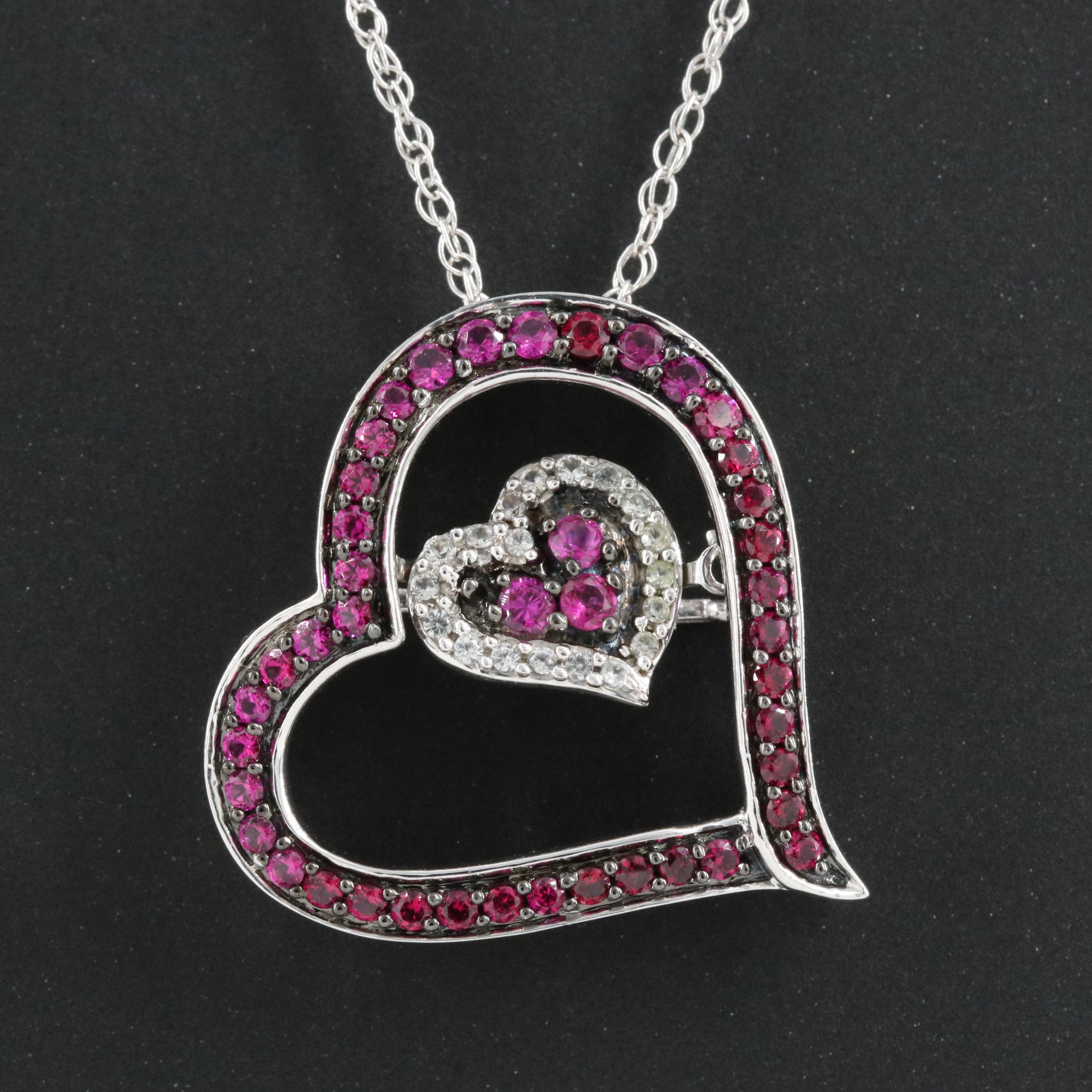 Sterling Ruby and Sapphire Heart Tremble Pendant Necklace