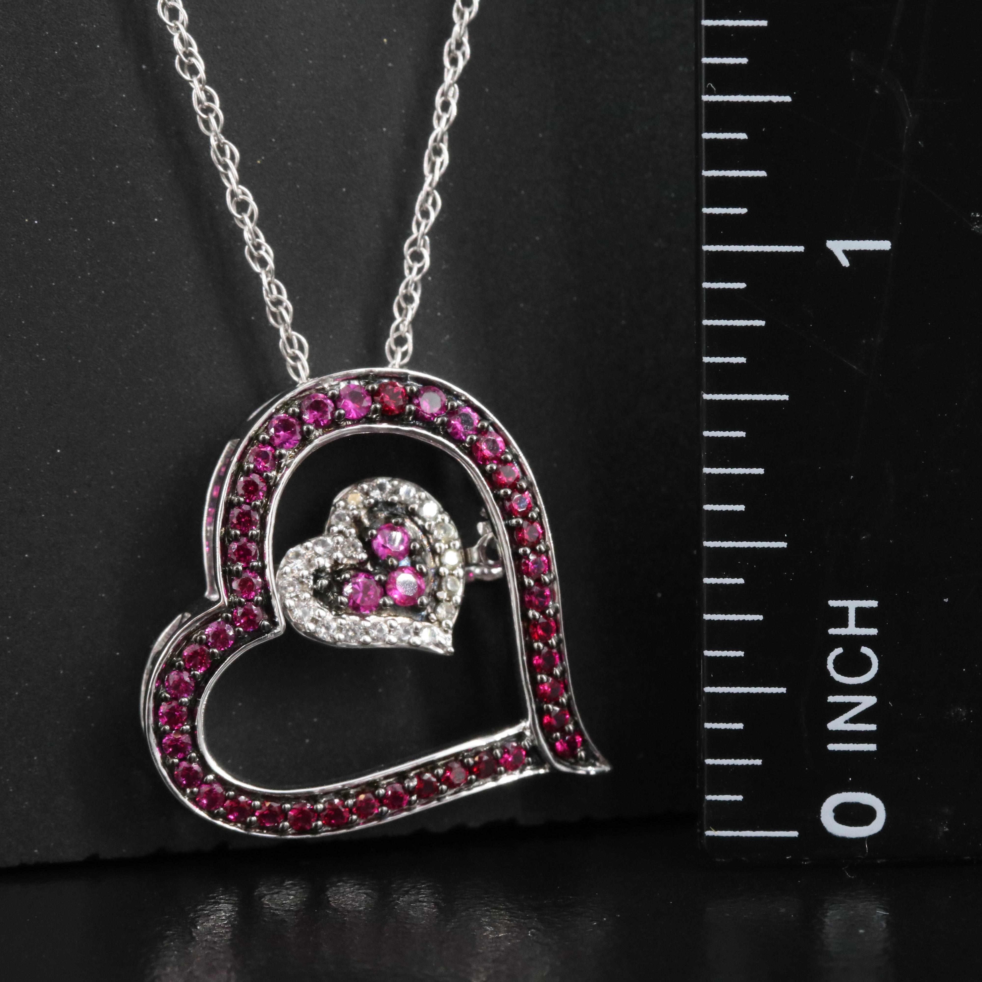 Sterling Ruby and Sapphire Heart Tremble Pendant Necklace