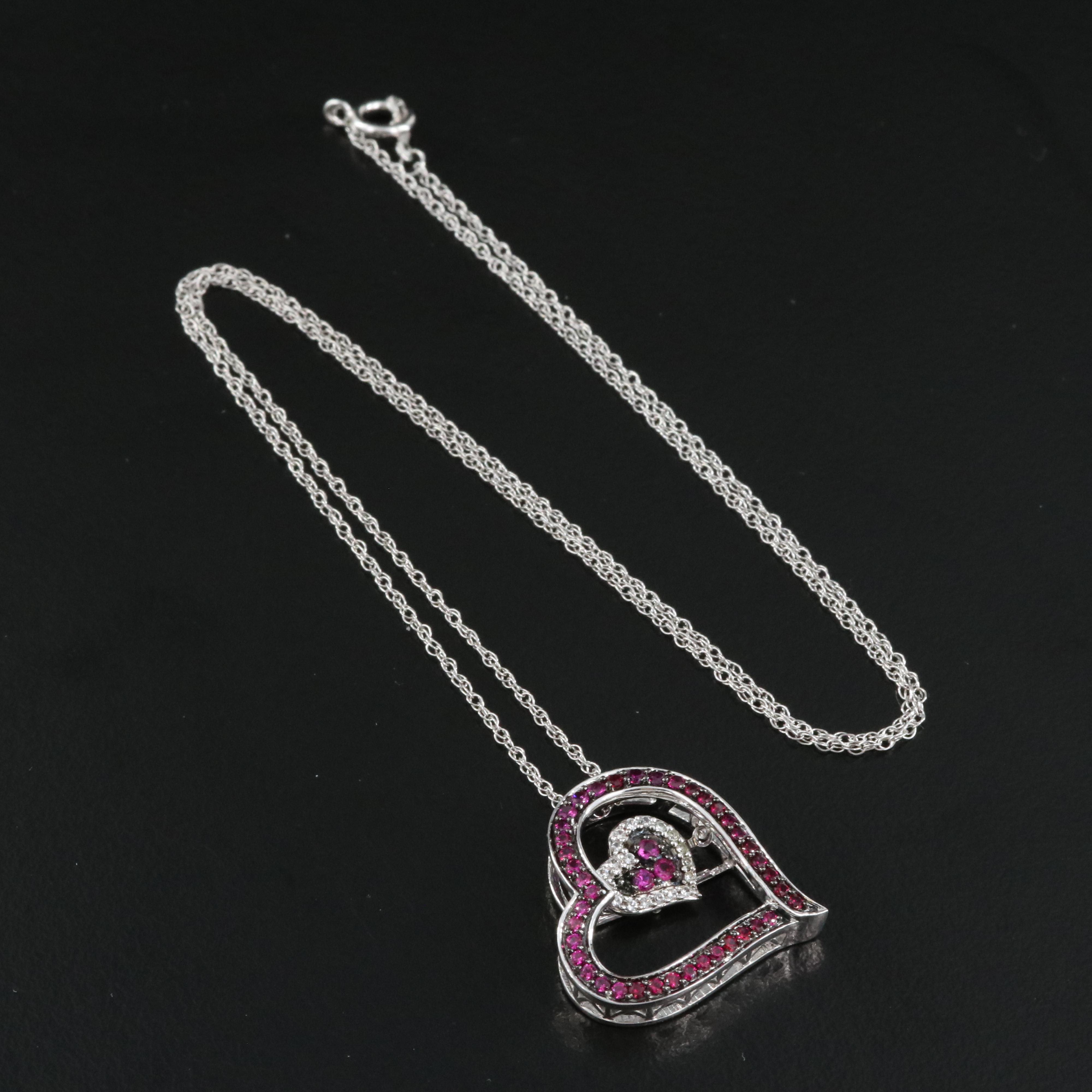 Sterling Ruby and Sapphire Heart Tremble Pendant Necklace