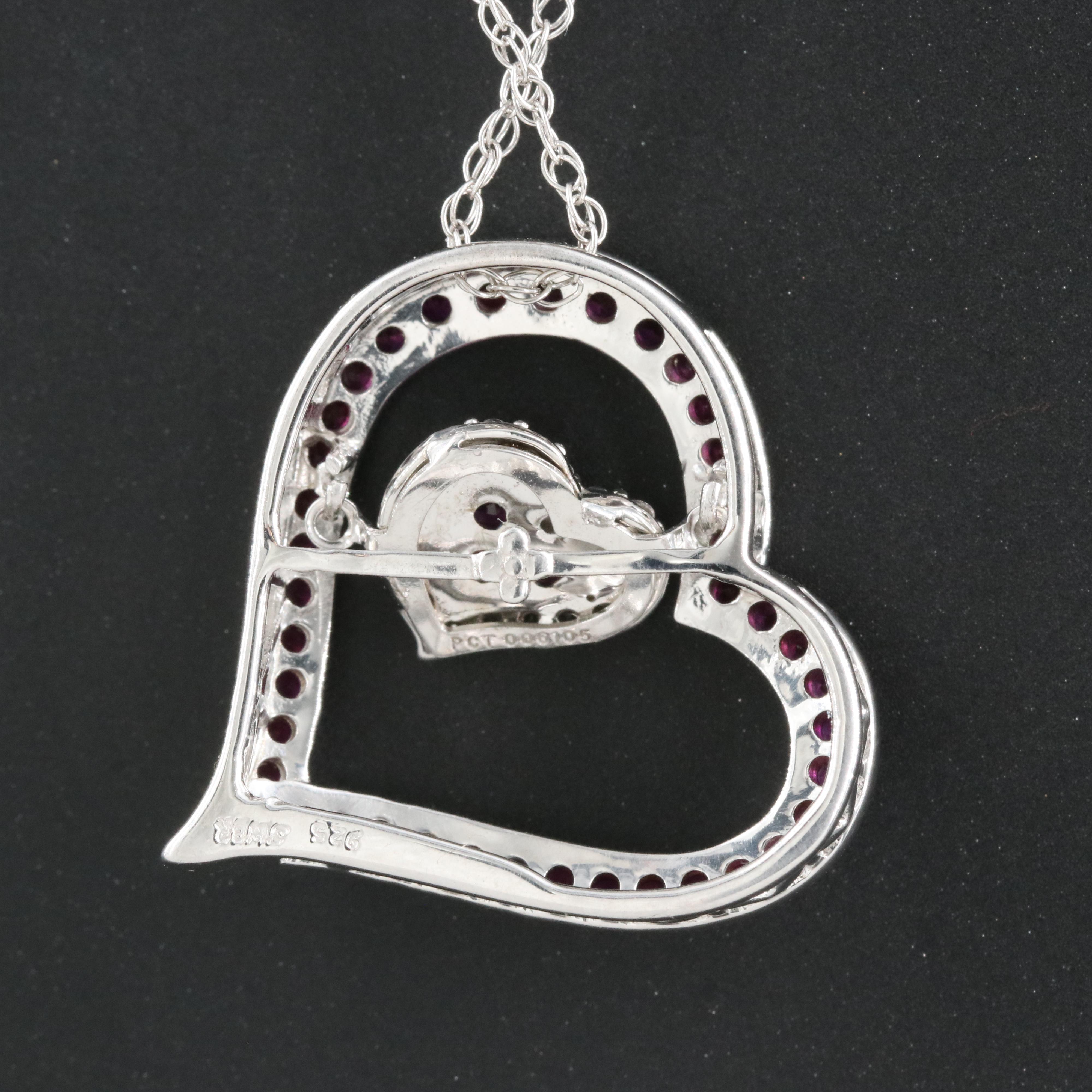 Sterling Ruby and Sapphire Heart Tremble Pendant Necklace