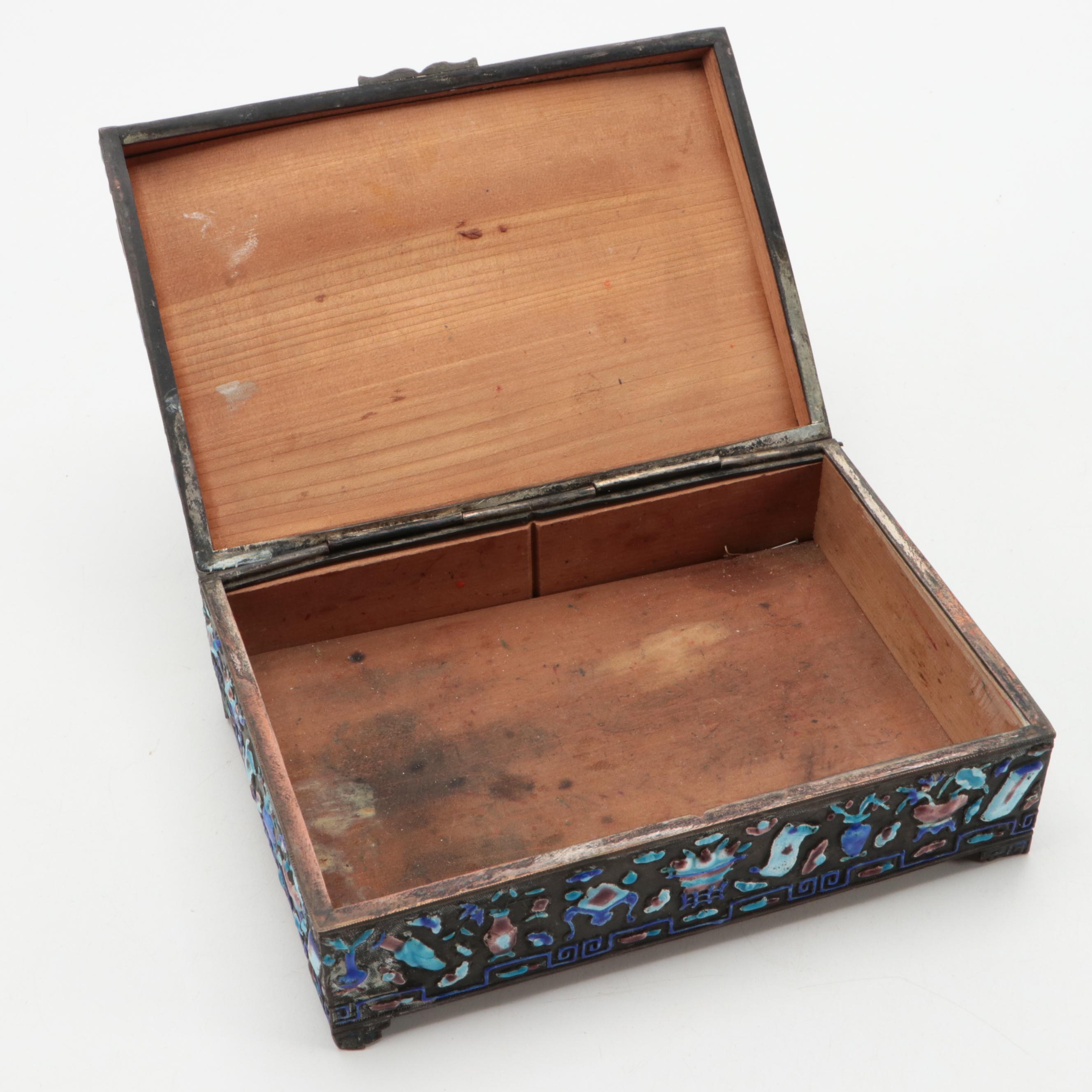 Chinese Enameled Brass Boxes and Match Box Holder