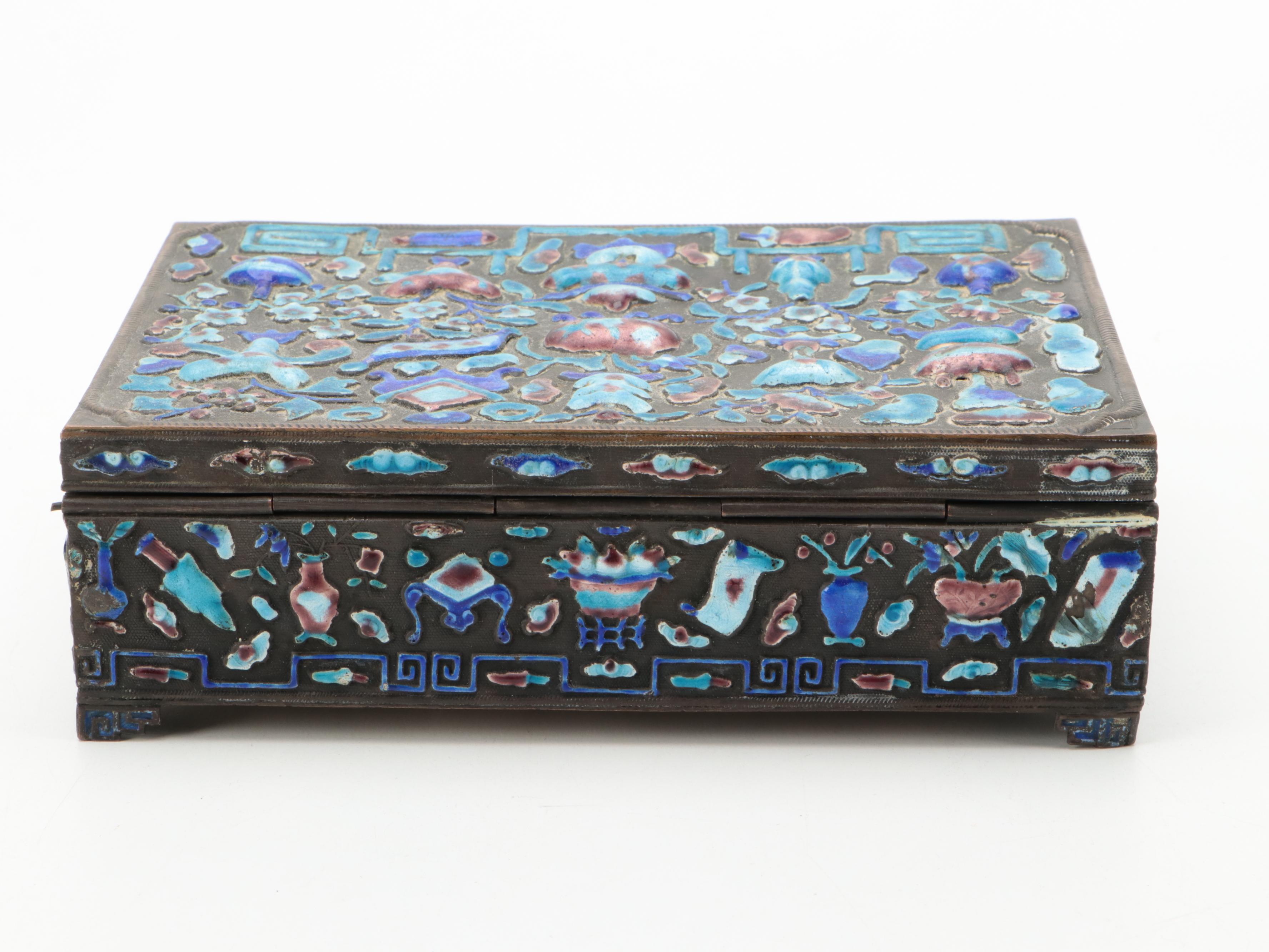 Chinese Enameled Brass Boxes and Match Box Holder