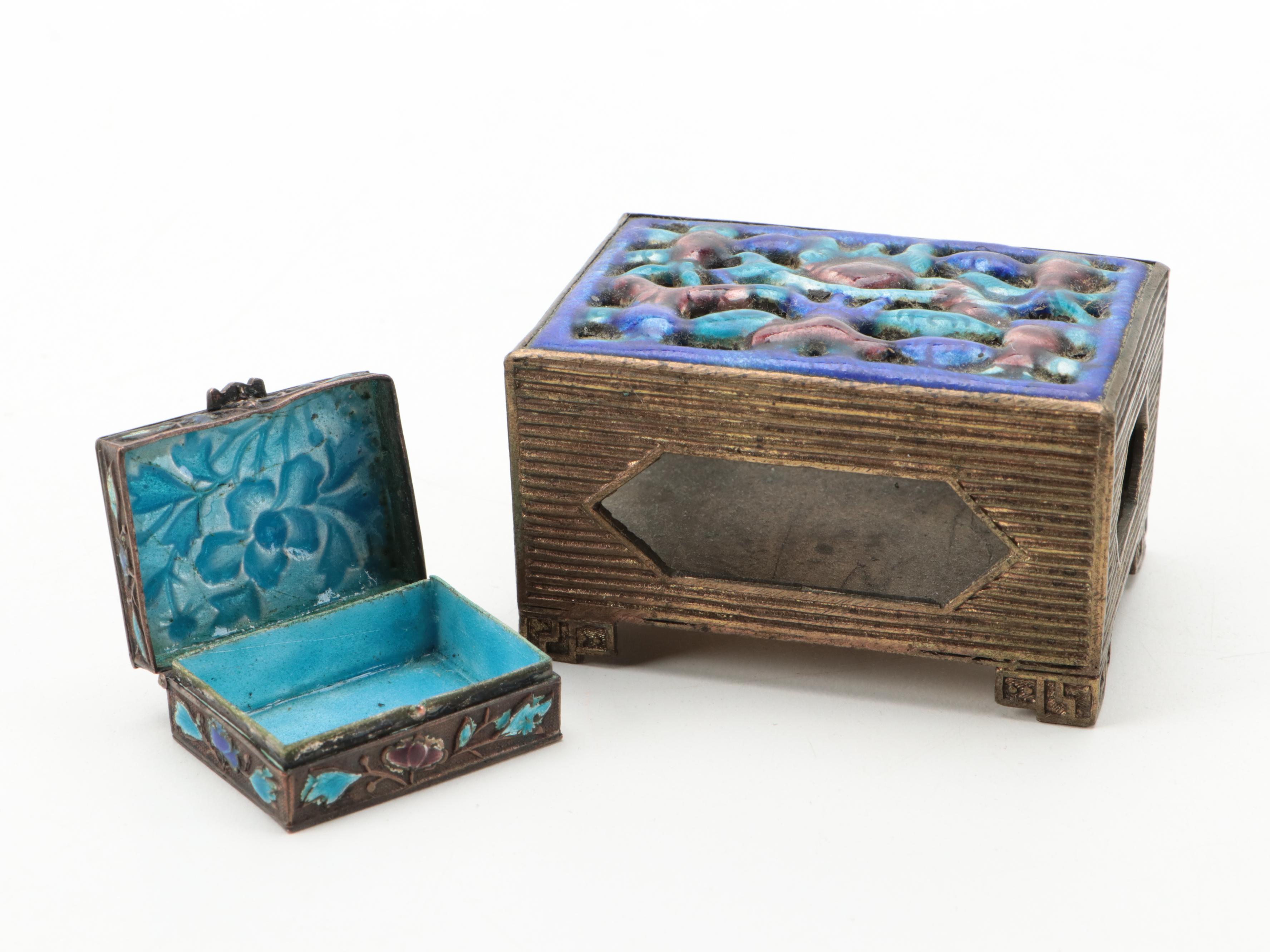 Chinese Enameled Brass Boxes and Match Box Holder
