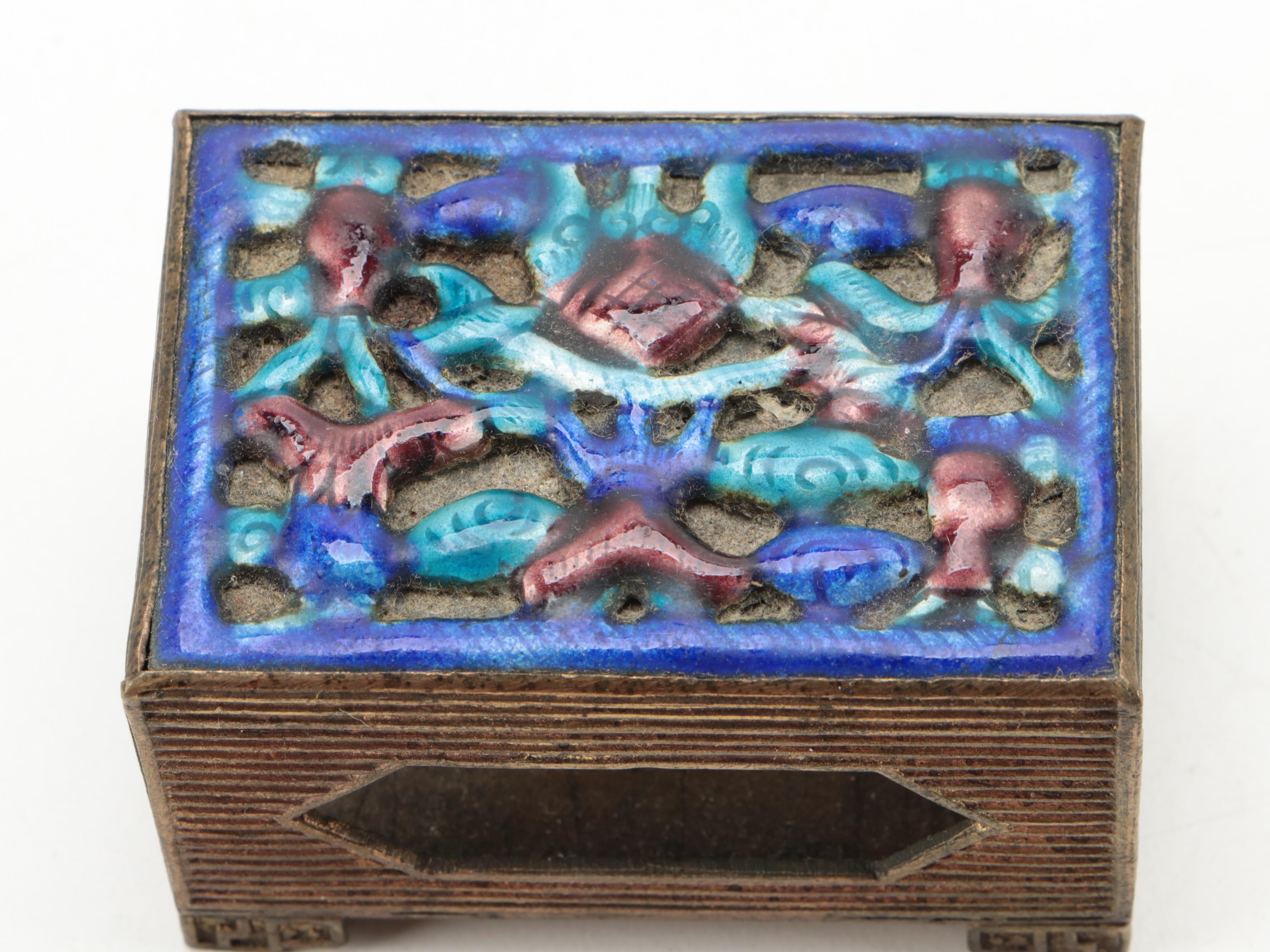 Chinese Enameled Brass Boxes and Match Box Holder