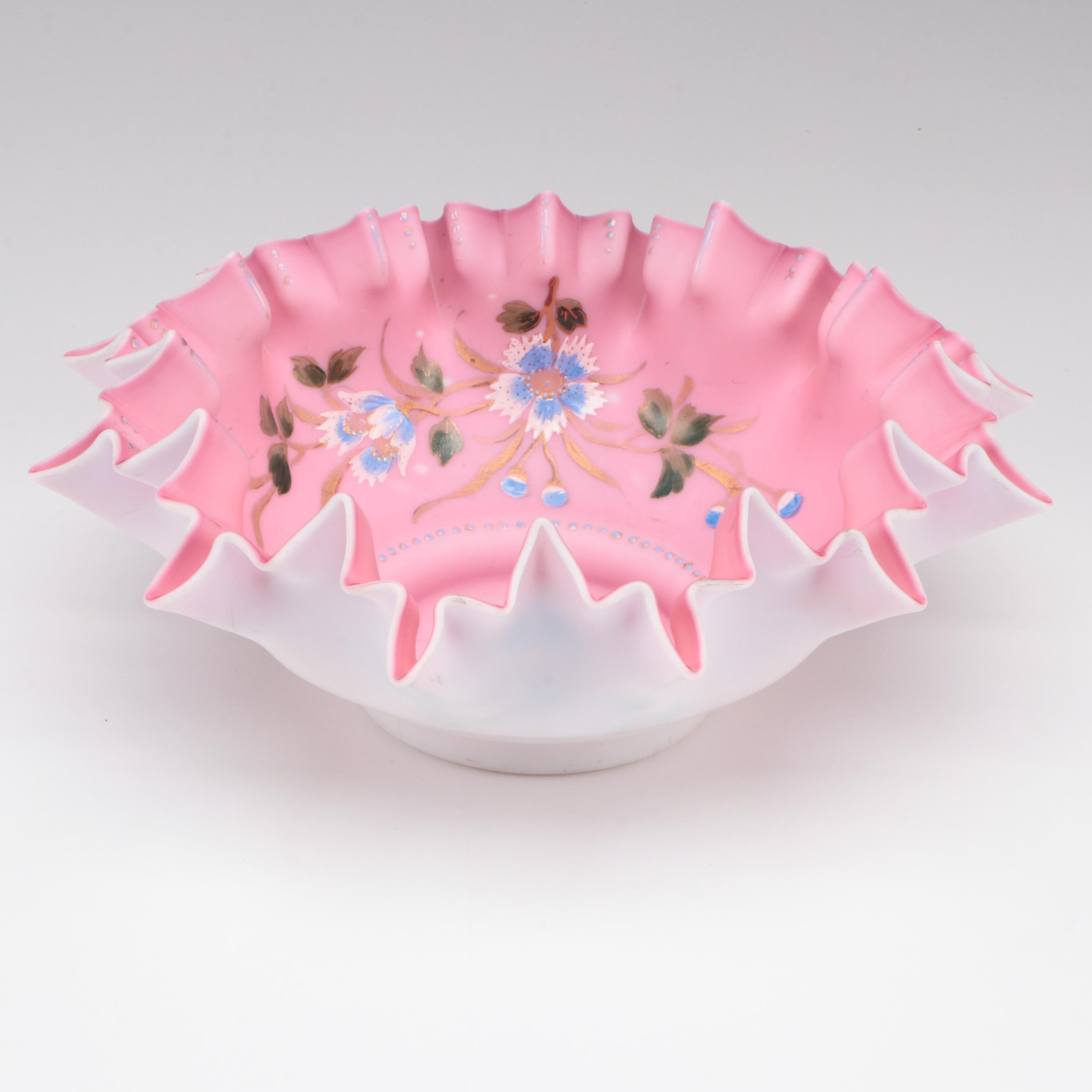 Victorian Hand-Painted Cased Glass Bowl, Late 19th/ Early 20th Century