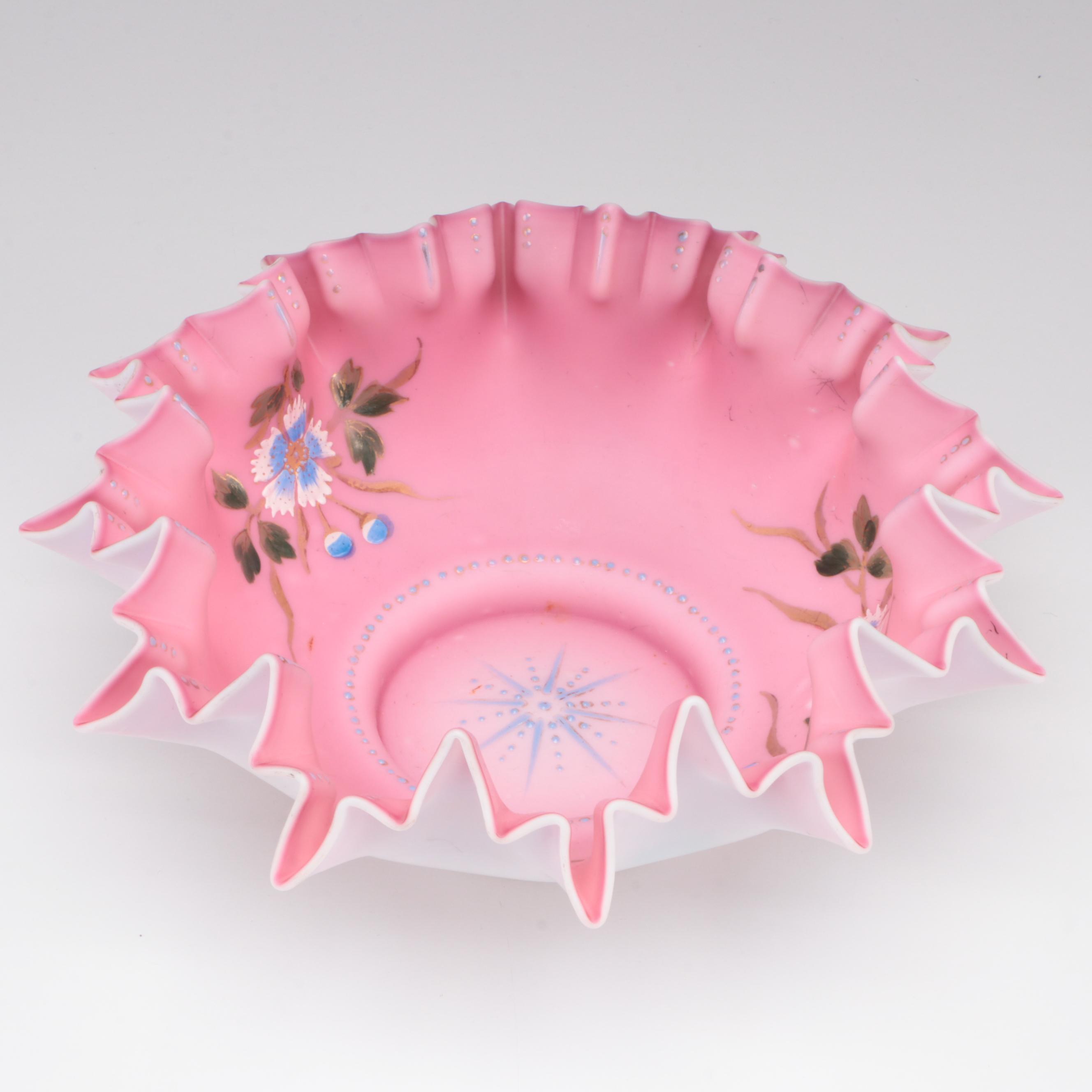 Victorian Hand-Painted Cased Glass Bowl, Late 19th/ Early 20th Century