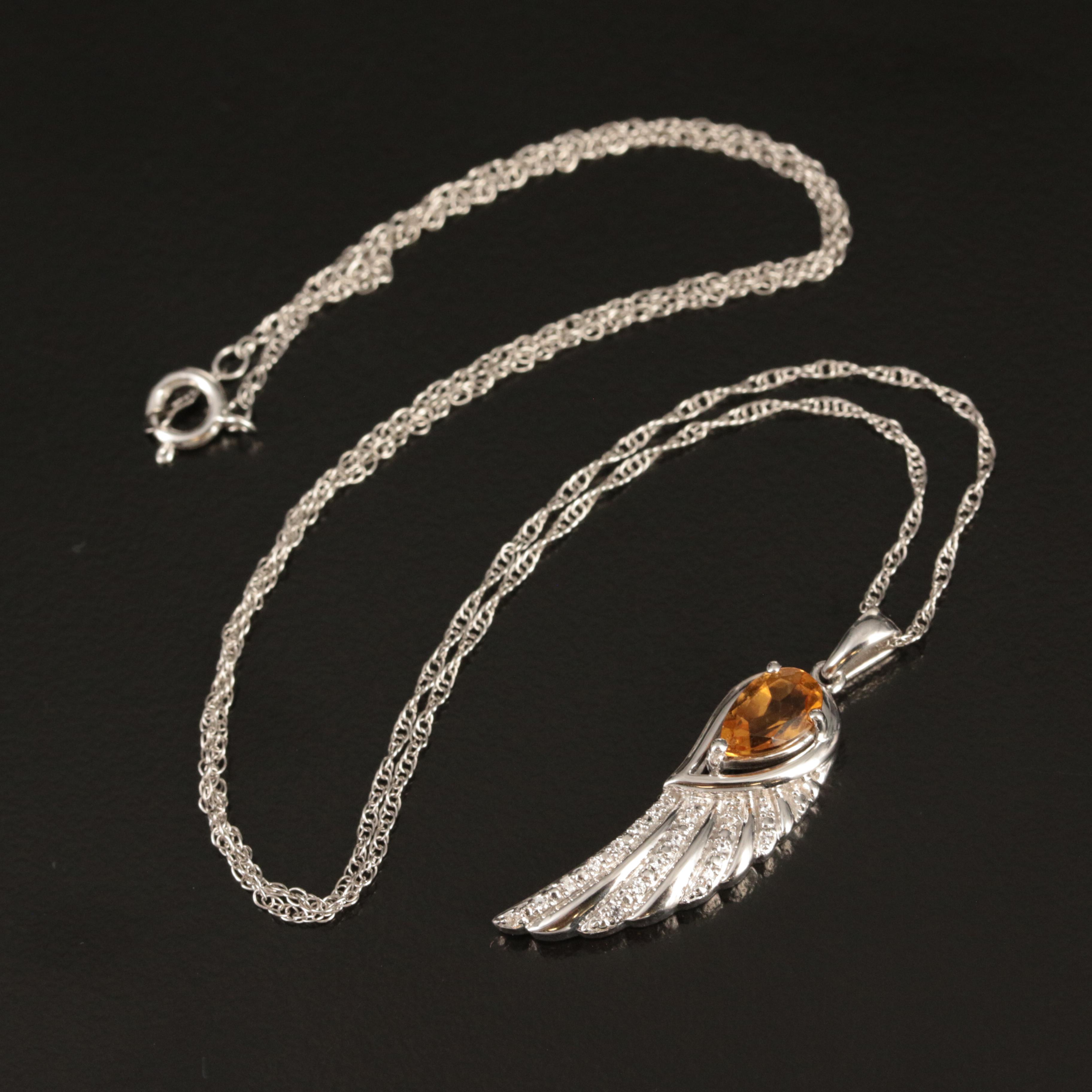 Sterling Citrine and Topaz Angel Wing Pendant Necklace