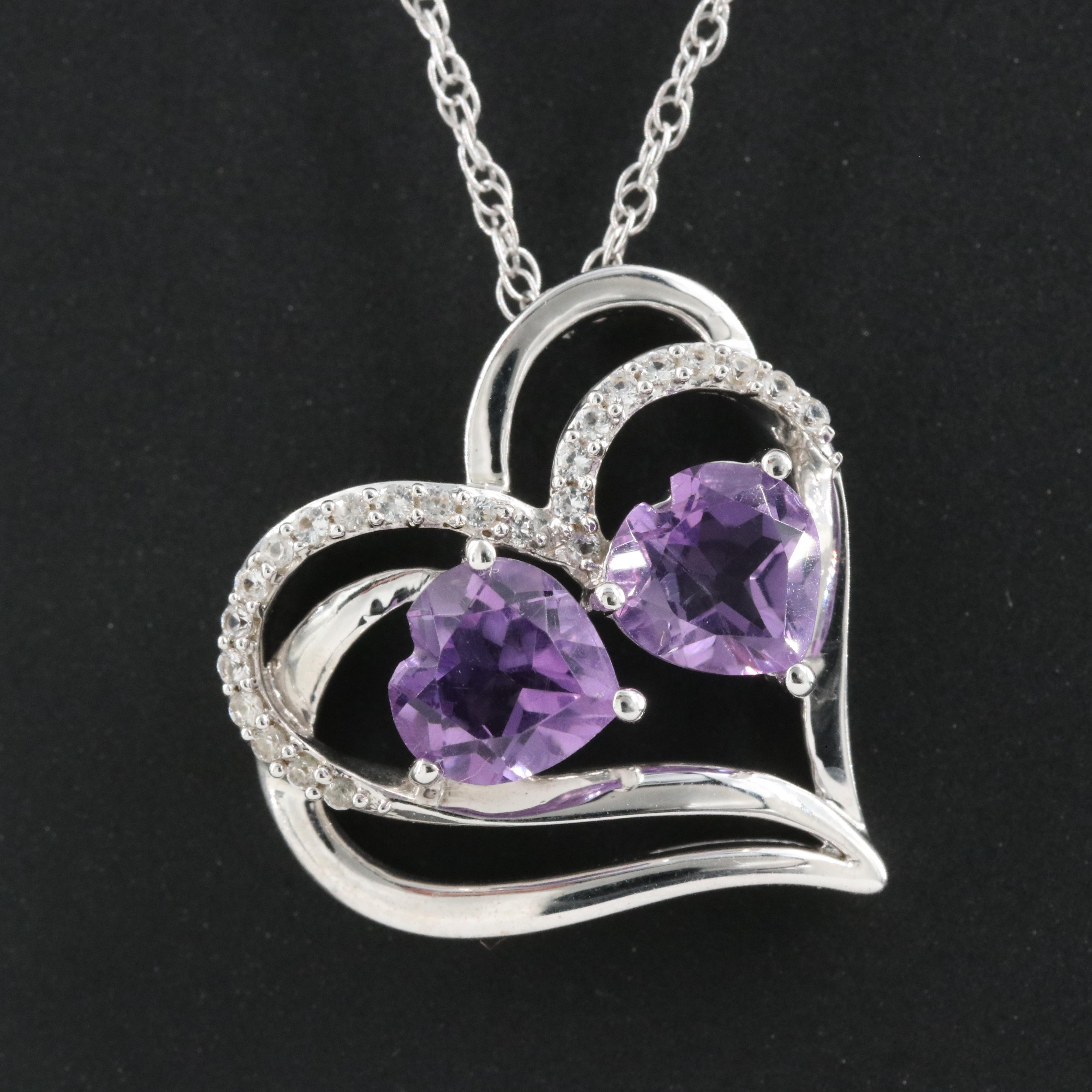Sterling Amethyst and Sapphire Heart Pendant Necklace