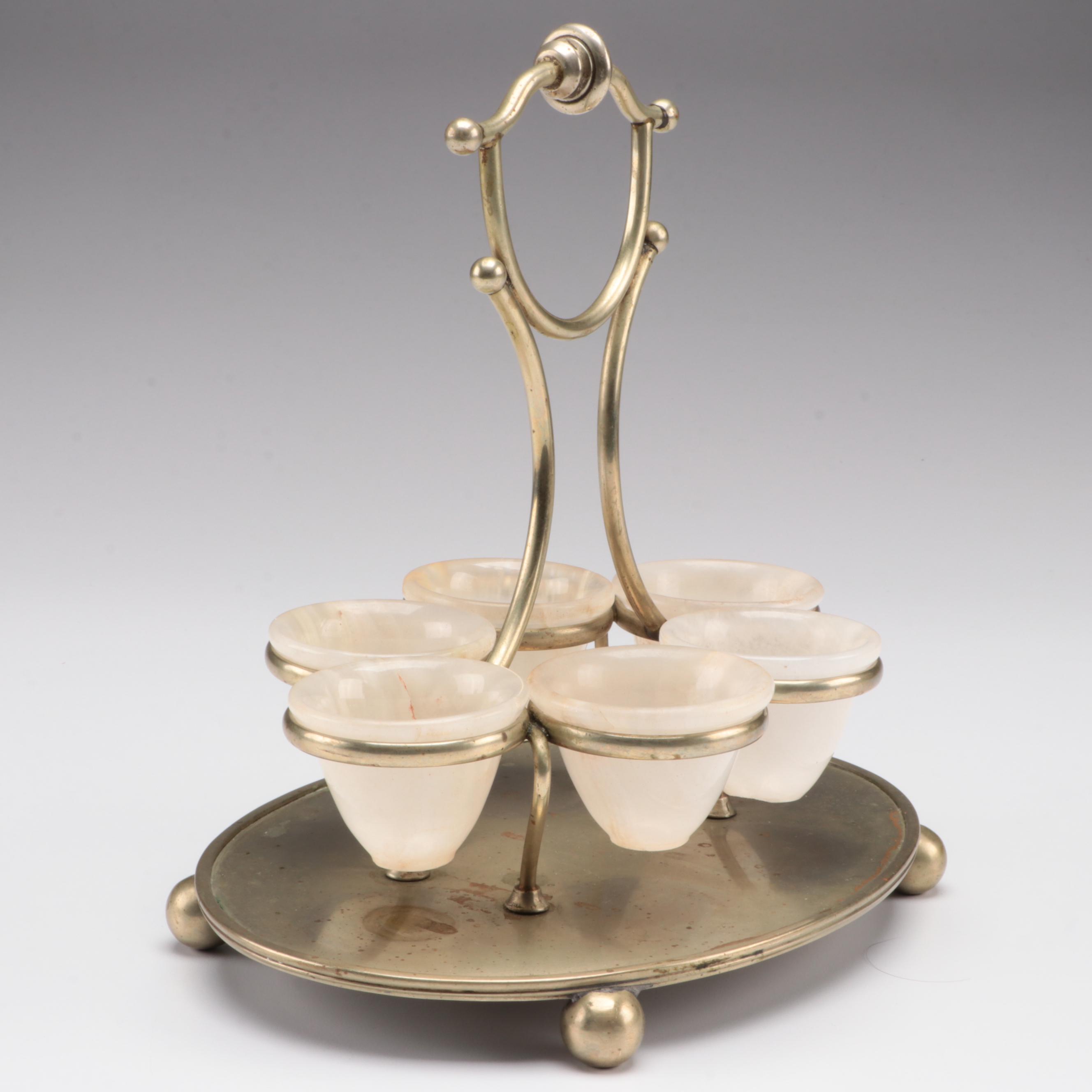 Karanti Silver Plate Stand with Carved Agate Cups, Late 19th Century