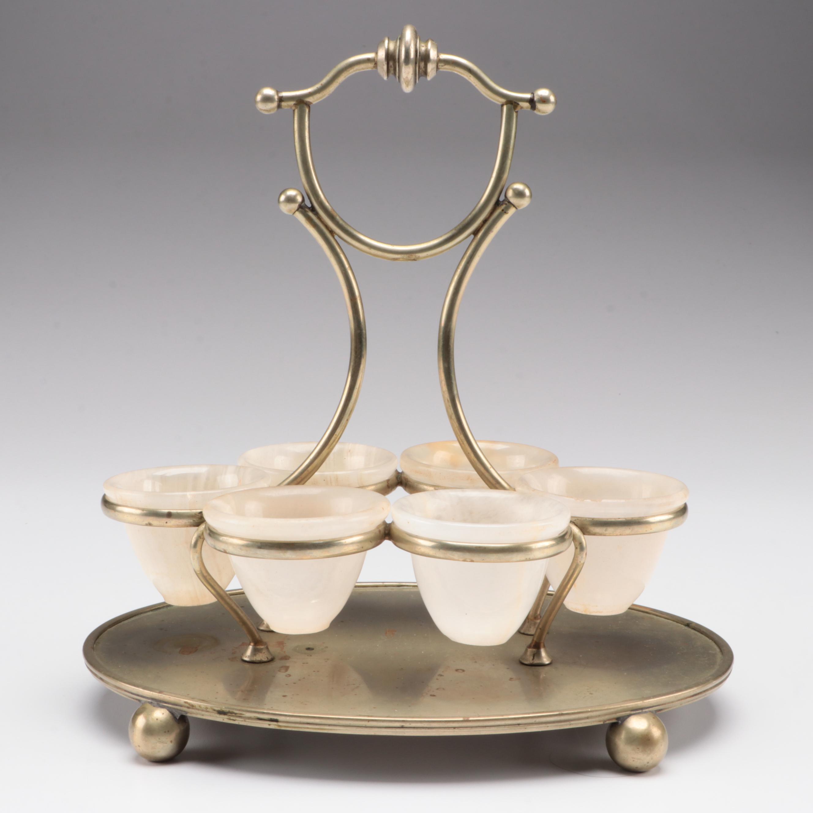 Karanti Silver Plate Stand with Carved Agate Cups, Late 19th Century