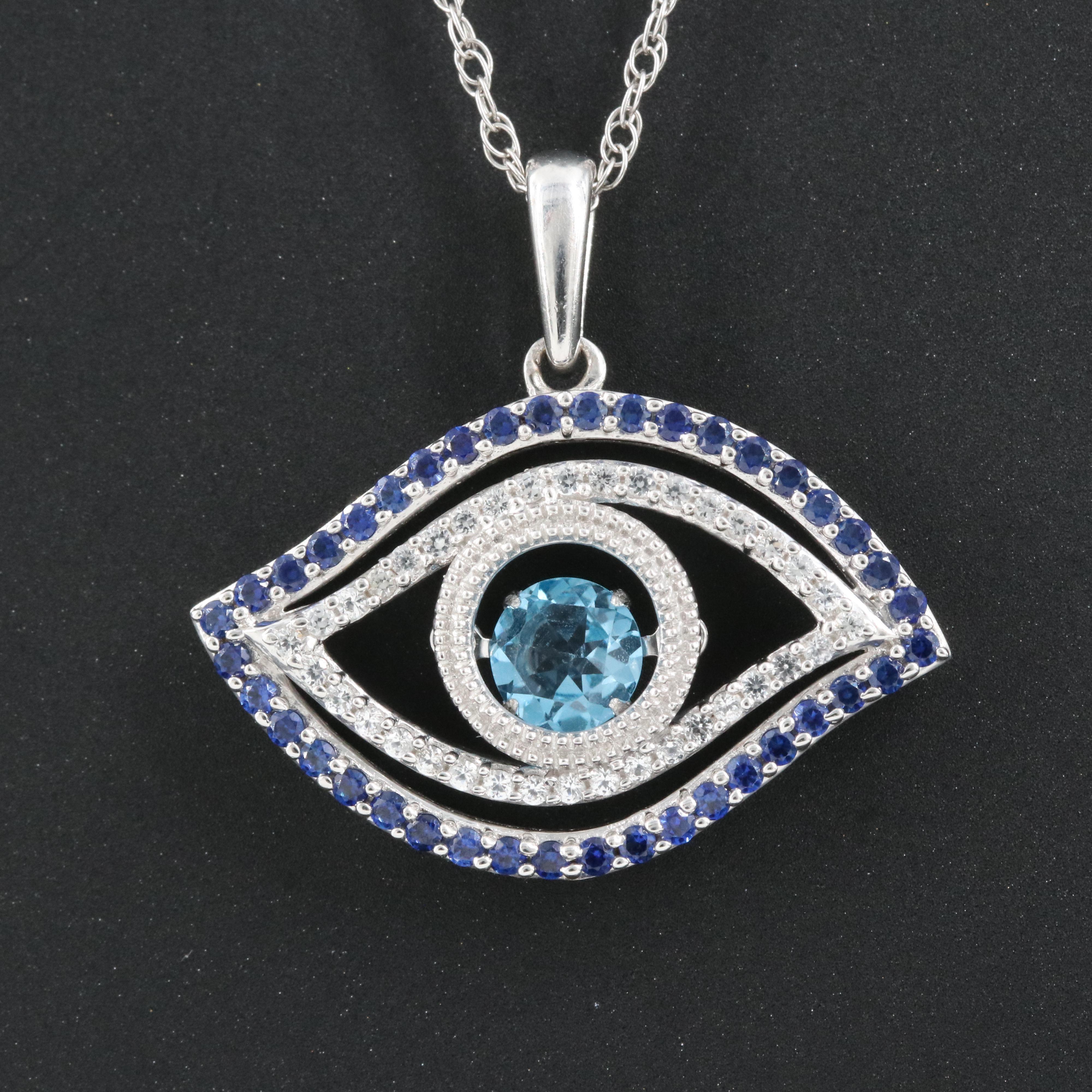 Sterling Swiss Blue Topaz and Sapphire Evil Eye Pendant Necklace