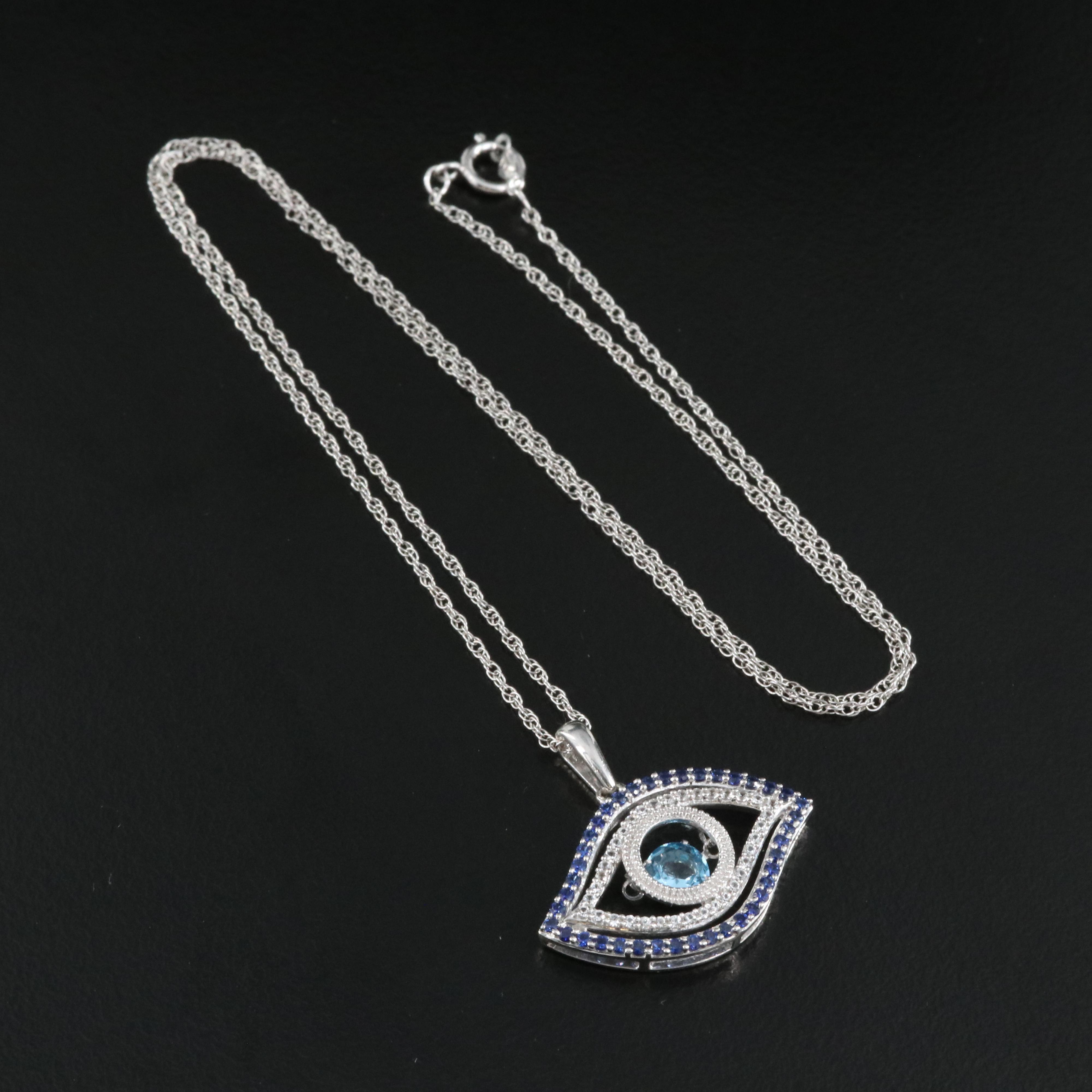Sterling Swiss Blue Topaz and Sapphire Evil Eye Pendant Necklace