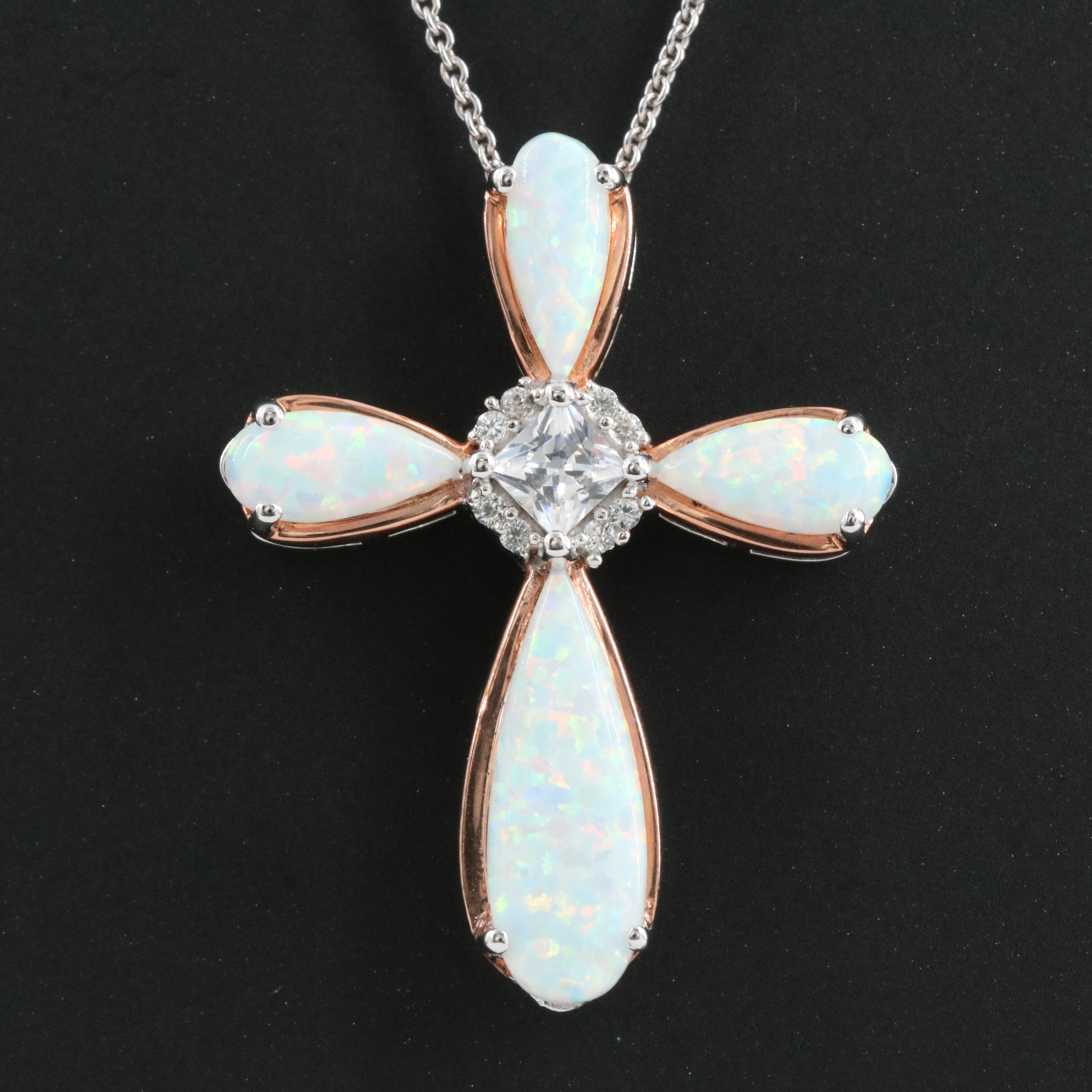 Sterling Opal and Sapphire Cross Pendant Necklace